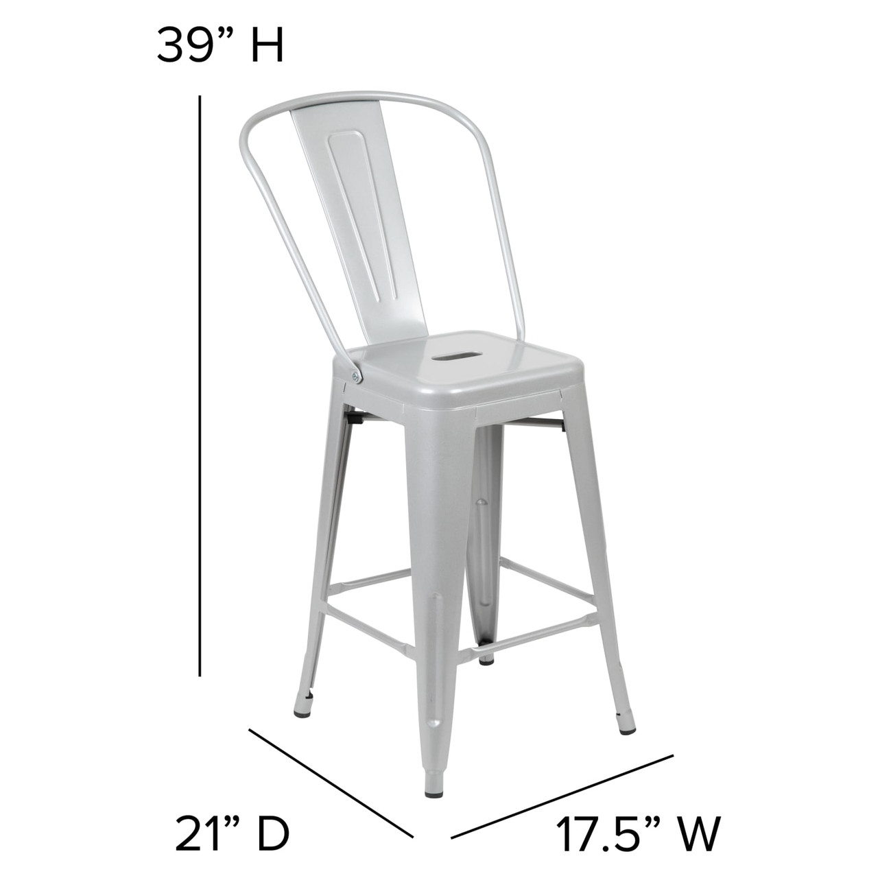 4 Pack 24” High Silver Metal Indoor-Outdoor Counter Height Stool with Removable Back