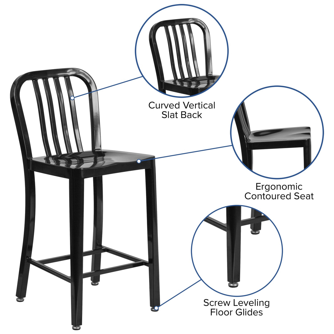 2 Pack 24” High Black Metal Indoor-Outdoor Counter Height Stool with Vertical Slat Back