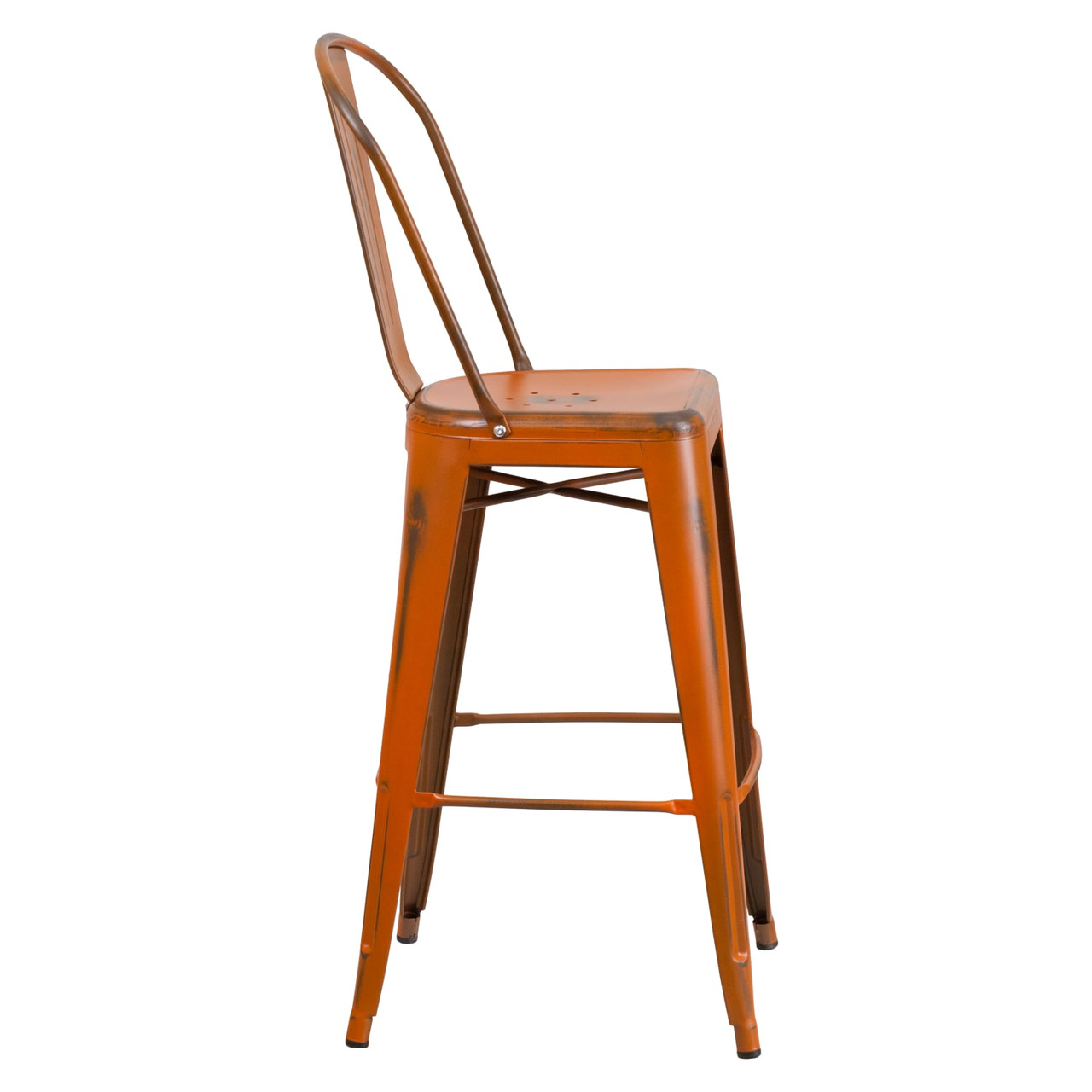 4 Pack 30” High Distressed Orange Metal Indoor-Outdoor Barstool with Back