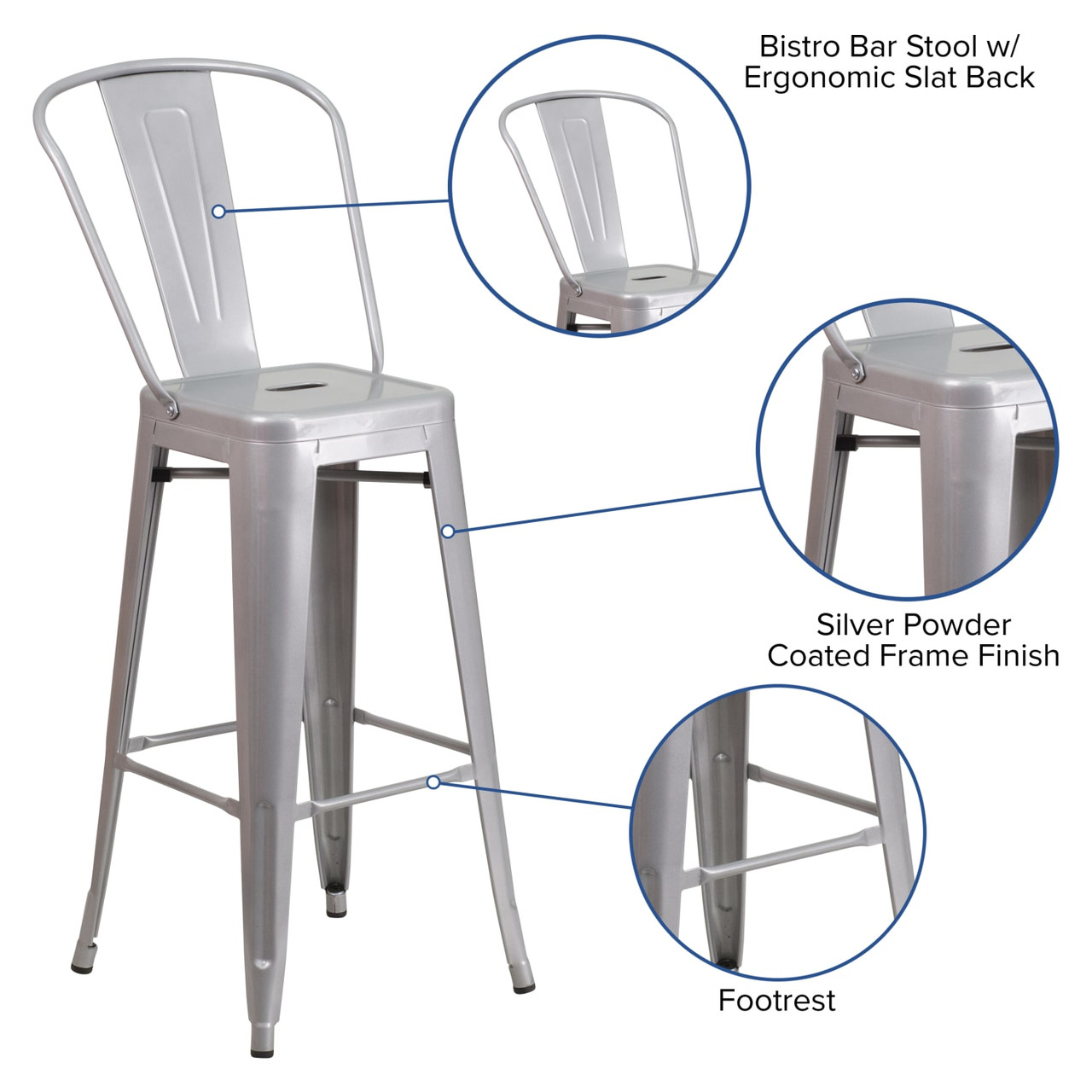 30” High Silver Metal Indoor-Outdoor Barstool with Removable Back