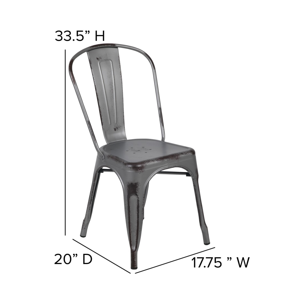 Distressed Silver Gray Metal Indoor-Outdoor Stackable Chair