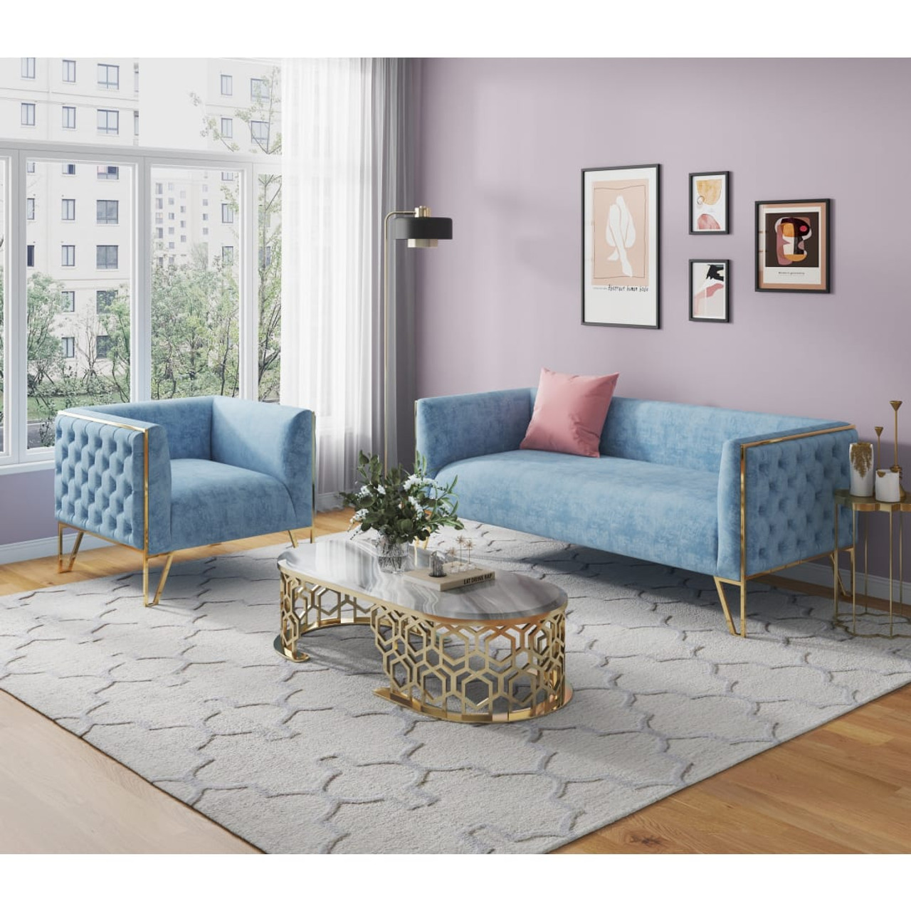 Vector 3-Piece Ocean Blue and Gold Sofa and Armchair Set