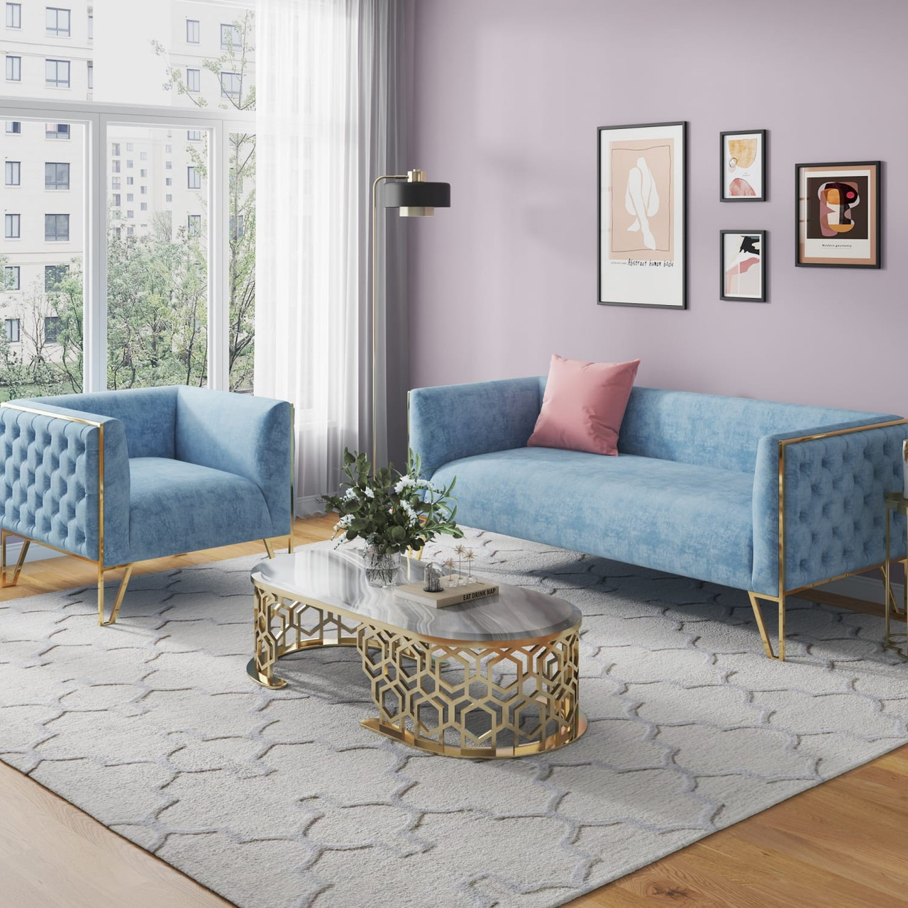 Vector 3-Piece Ocean Blue and Gold Sofa and Armchair Set