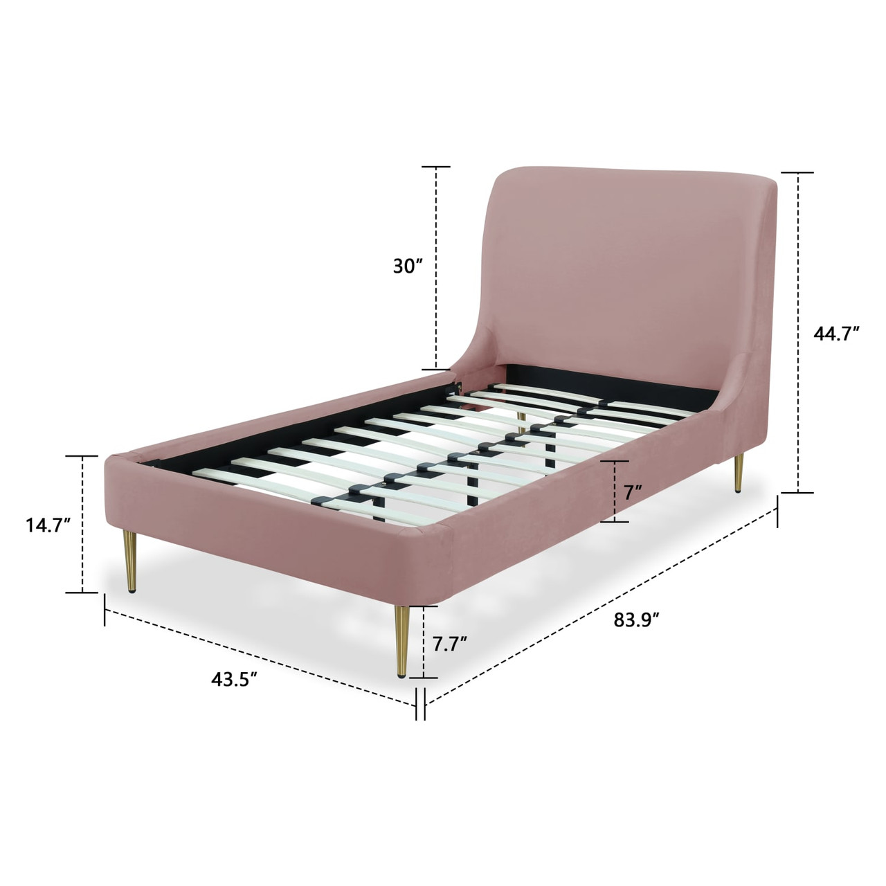 Heather Velvet Twin Bed in Blush with Gold Legs