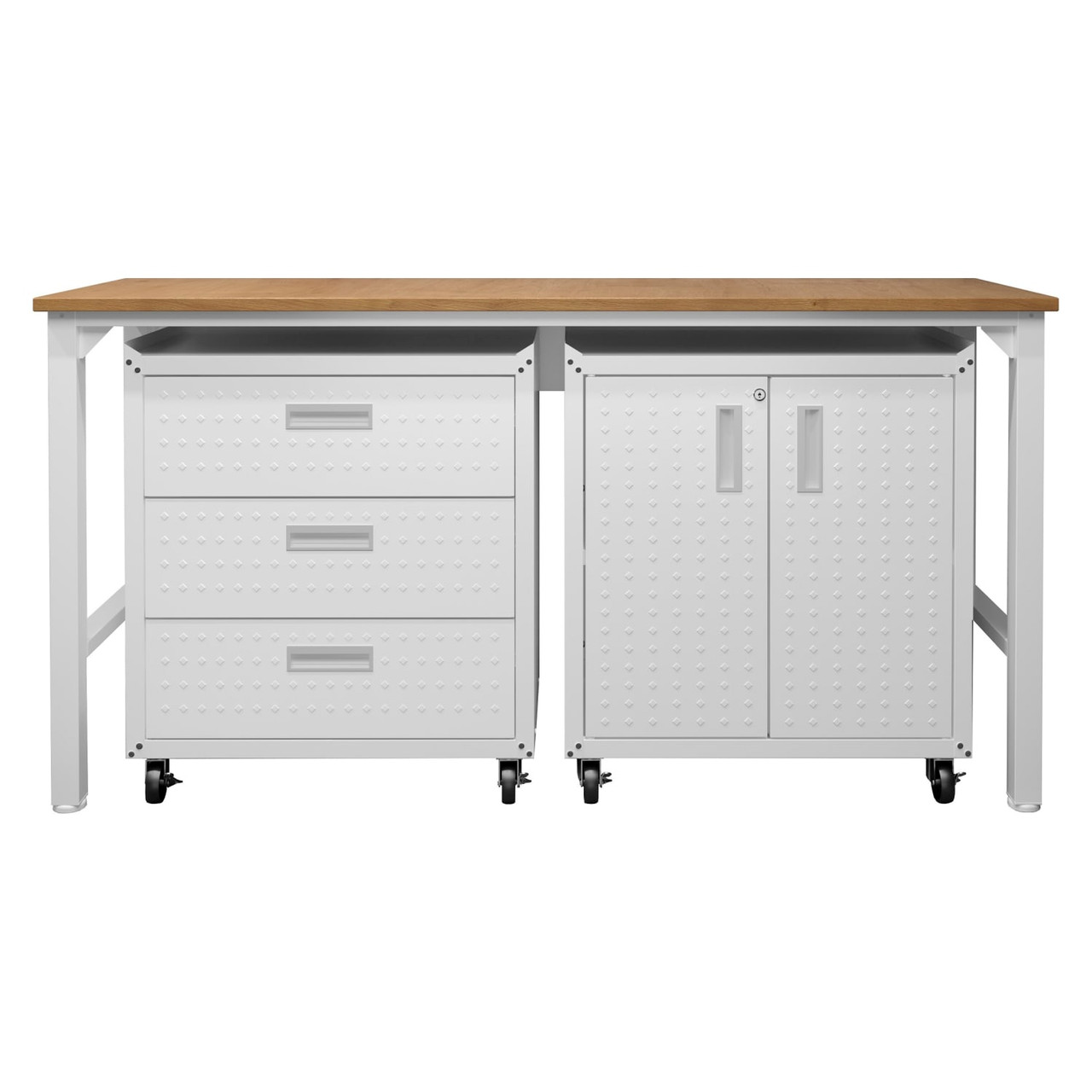 3-Piece Fortress Mobile Space-Saving Steel Garage Cabinet and Worktable 3.0 in White