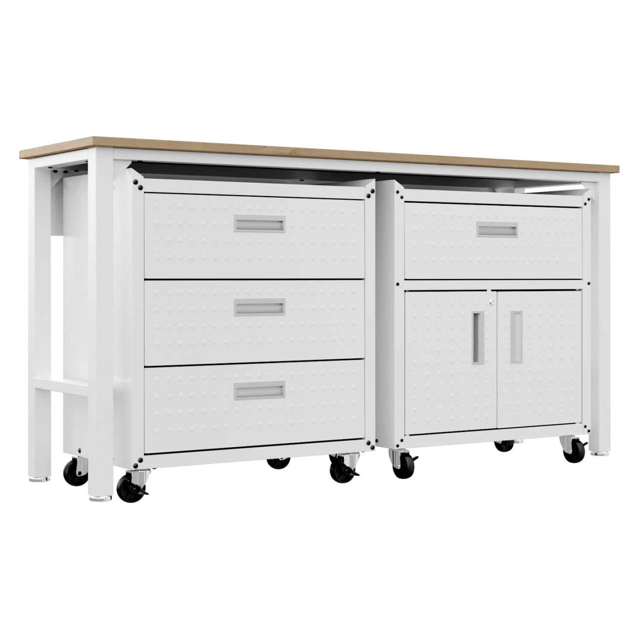 3-Piece Fortress Mobile Space-Saving Steel Garage Cabinet and Worktable 5.0 in White