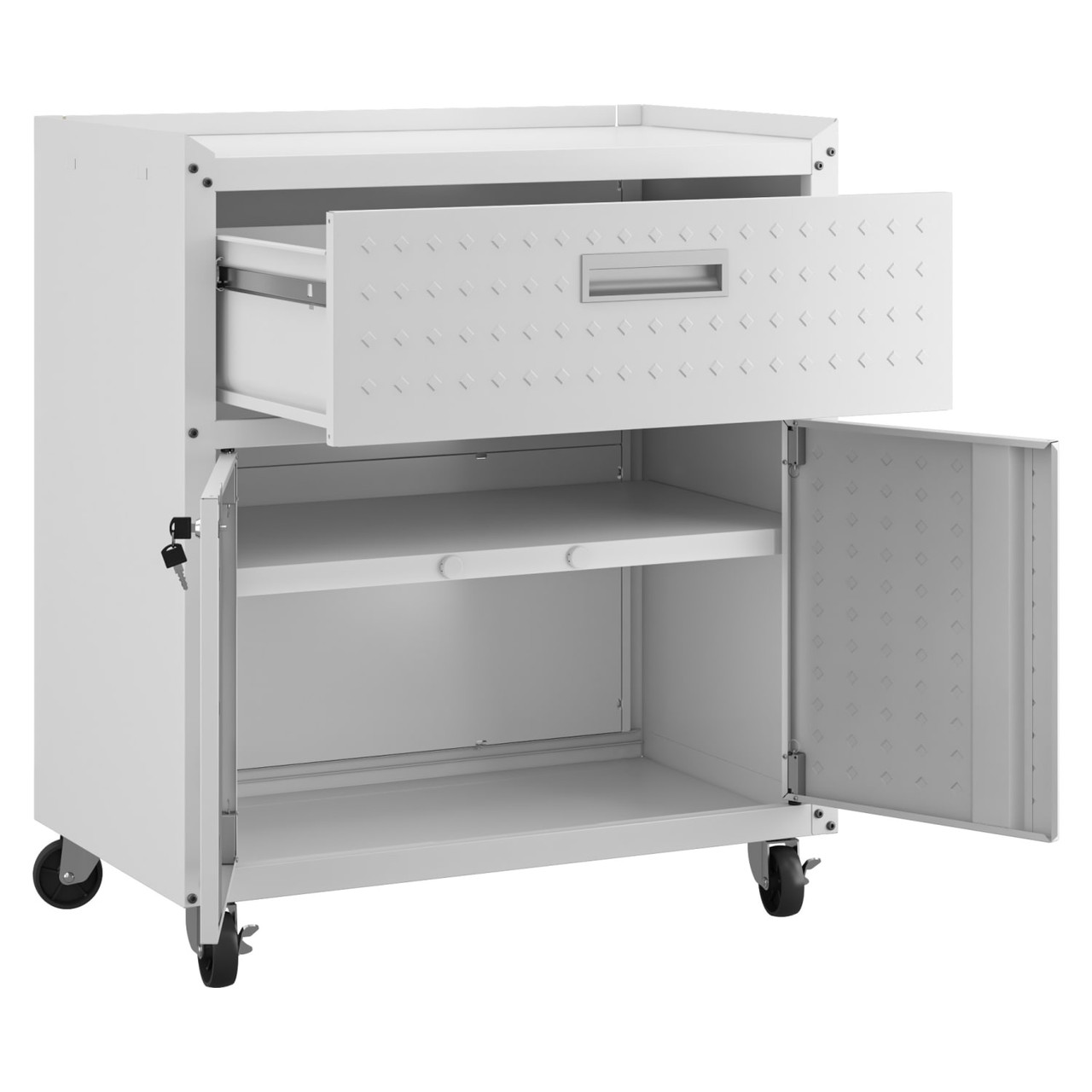 Fortress Textured Metal 31.5” Garage Mobile Cabinet with 1 Full Extension Drawer and 2 Adjustable Shelves in White