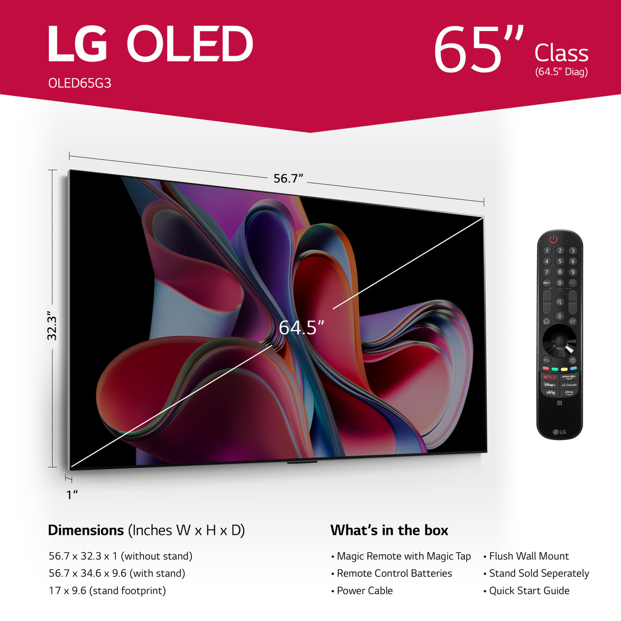 LG 65” Class G3 Series OLED 4K UHD Smart webOS TV with One Wall Design - OLED65G3PUA