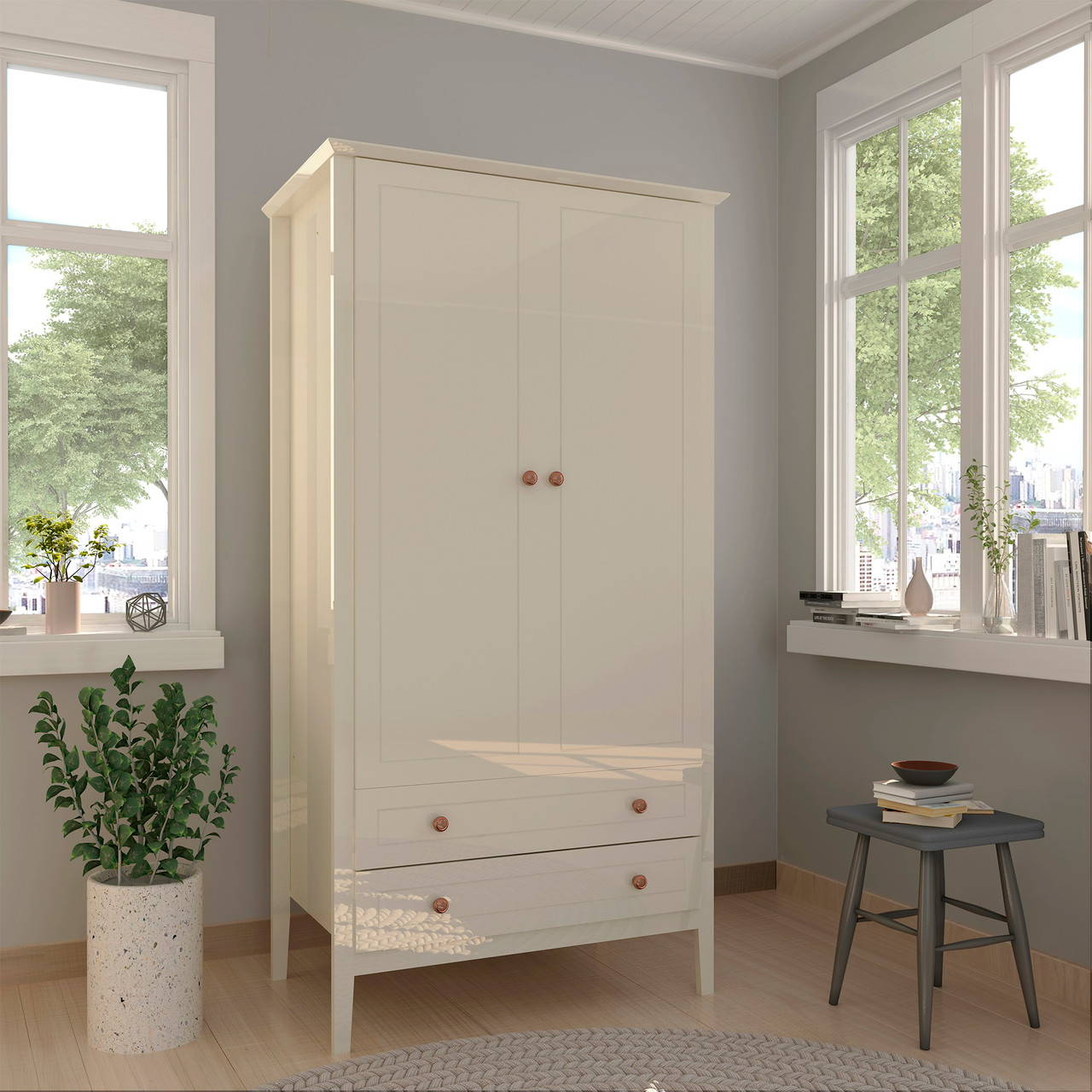 Crown Full Wardrobe with Hanging and 2 Drawers in Off White