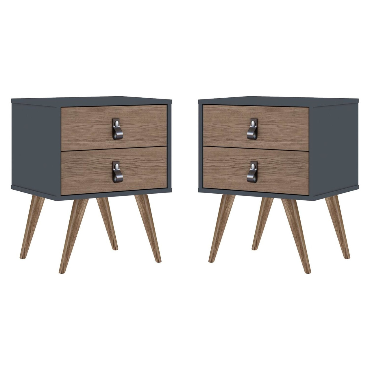 Amber Nightstand with Faux Leather Button Handles in Blue and Nature (Set of 2)