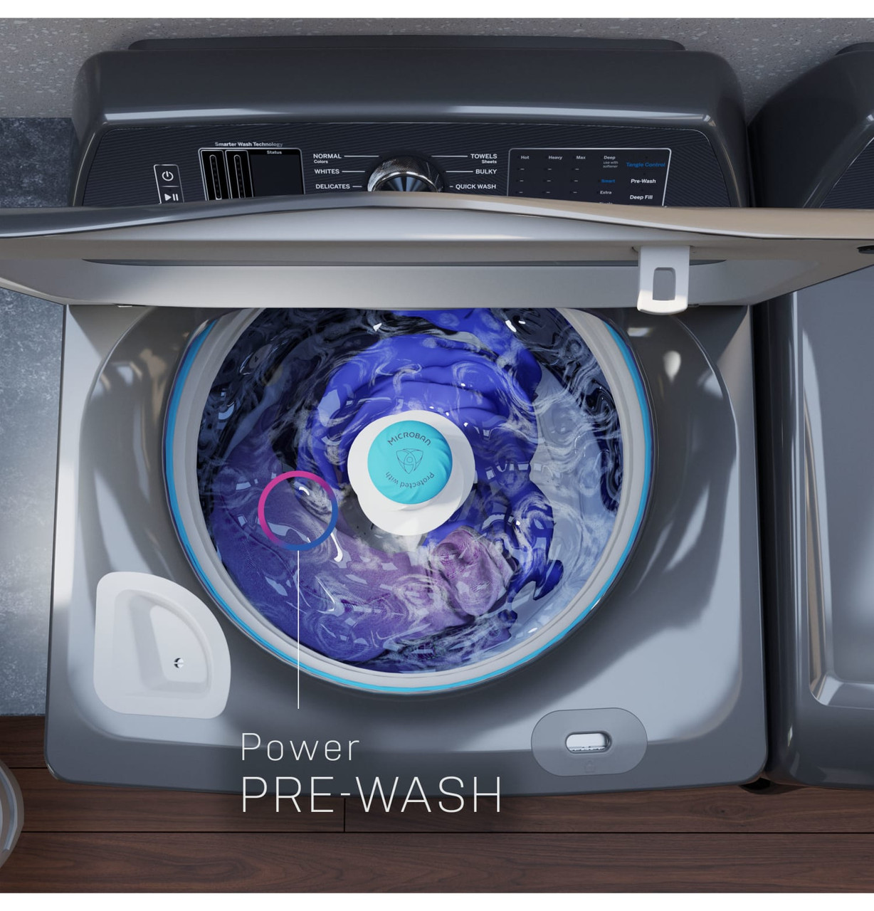 GE 5.3  cu. ft. Capacity Washer with Smarter Wash Technology and FlexDispense™ - PTW705BSTWS