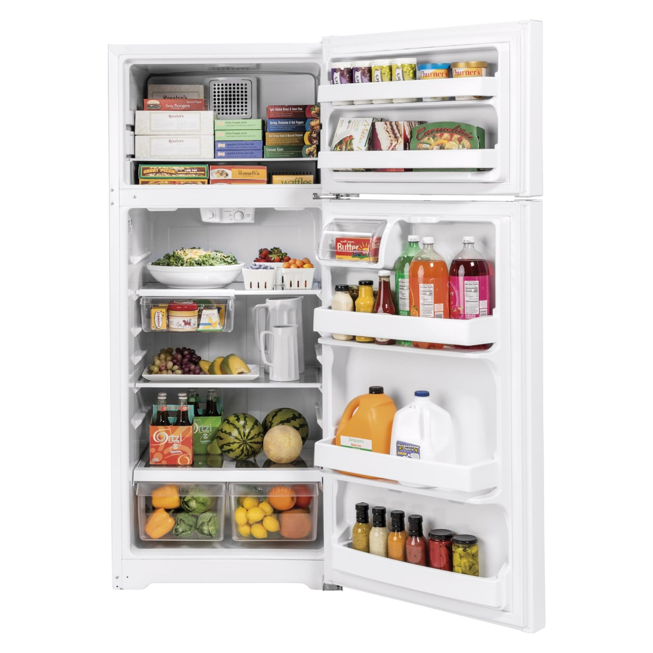 GE 17.5 Cu. Ft. Top-Freezer Refrigerator with LED Lighting and Edge-to-Edge Glass Shelves - GTS18HGNRWW