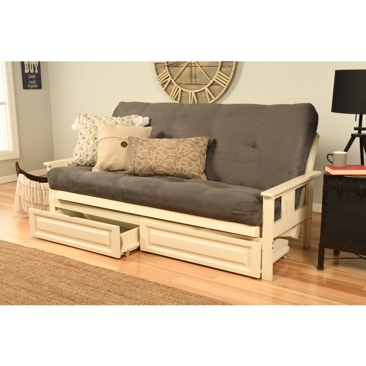 Monterey Futon Frame and Storage Drawers in Antique White Finish with Suede Gray Mattress
