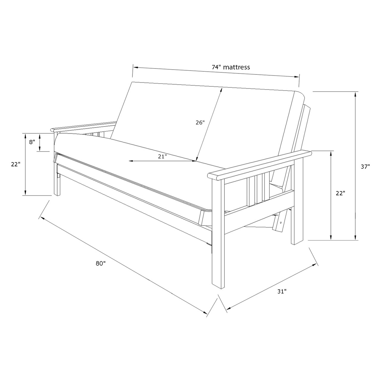 Monterey Futon Frame in Barbados Finish with Marmont Thunder Mattress