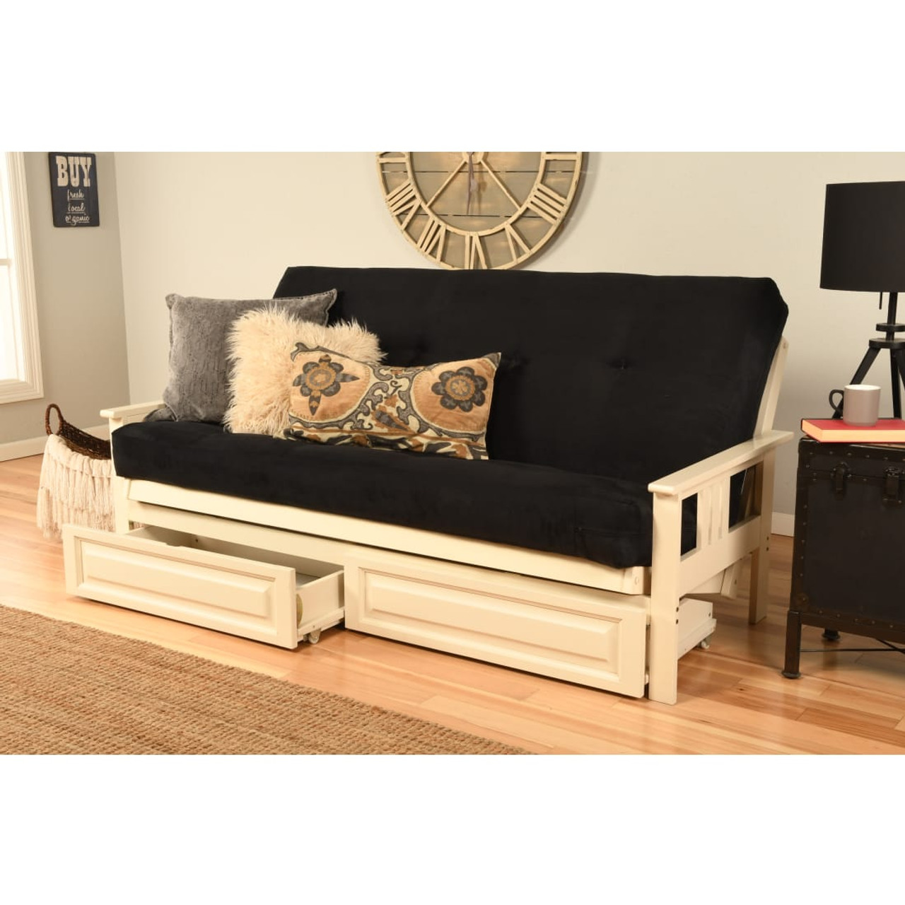 Monterey Futon Frame and Storage Drawers in Antique White Finish with Suede Black Mattress