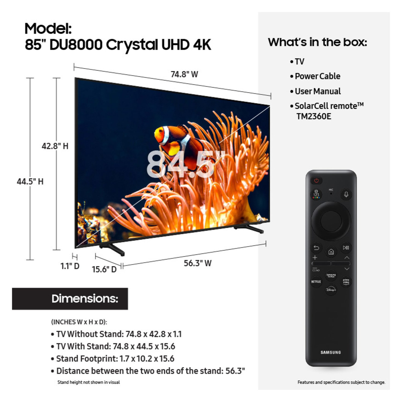 Samsung 85” Class DU8000 Crystal UHD Smart TV - UN85DU8000FXZA