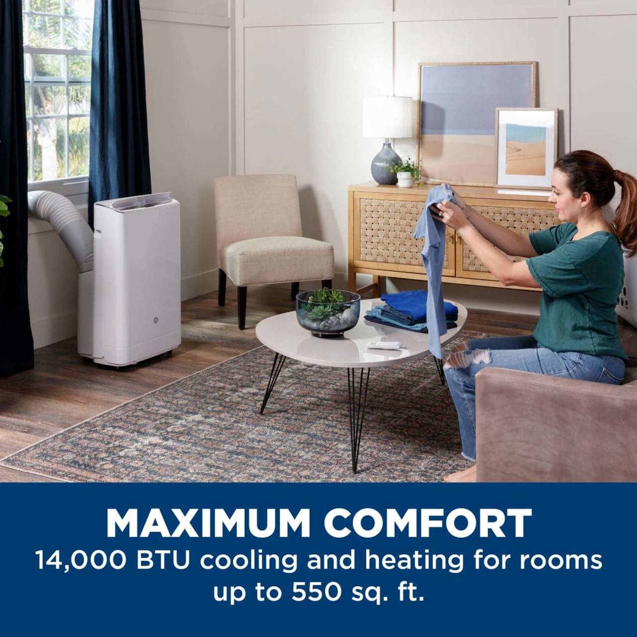 GE® 14,000 BTU Heat/Cool Portable Air Conditioner for Medium Rooms up to 550 sq ft. (9,950 BTU SACC)