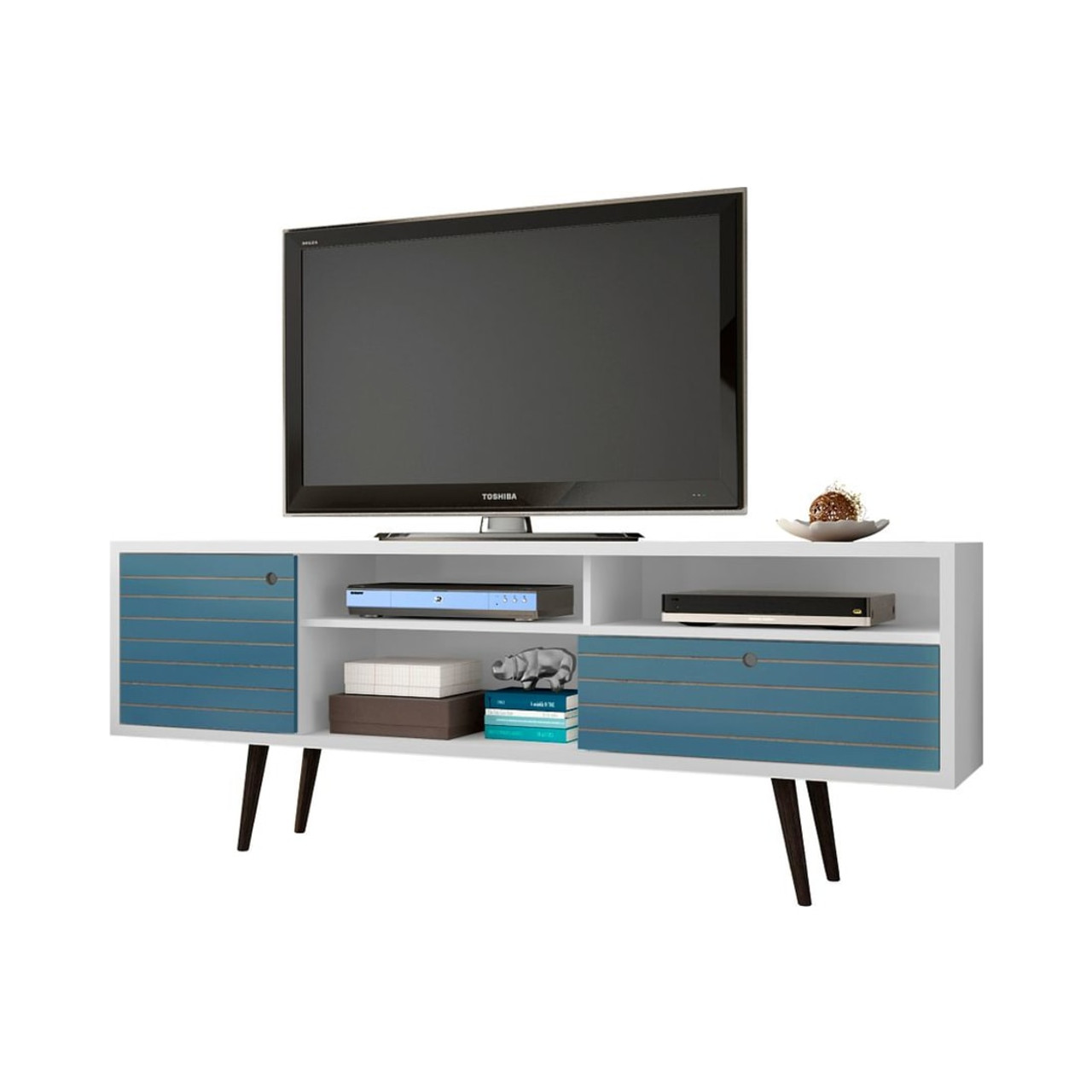 Liberty 70.86" Mid-Century Modern TV Stand in White and Aqua Blue