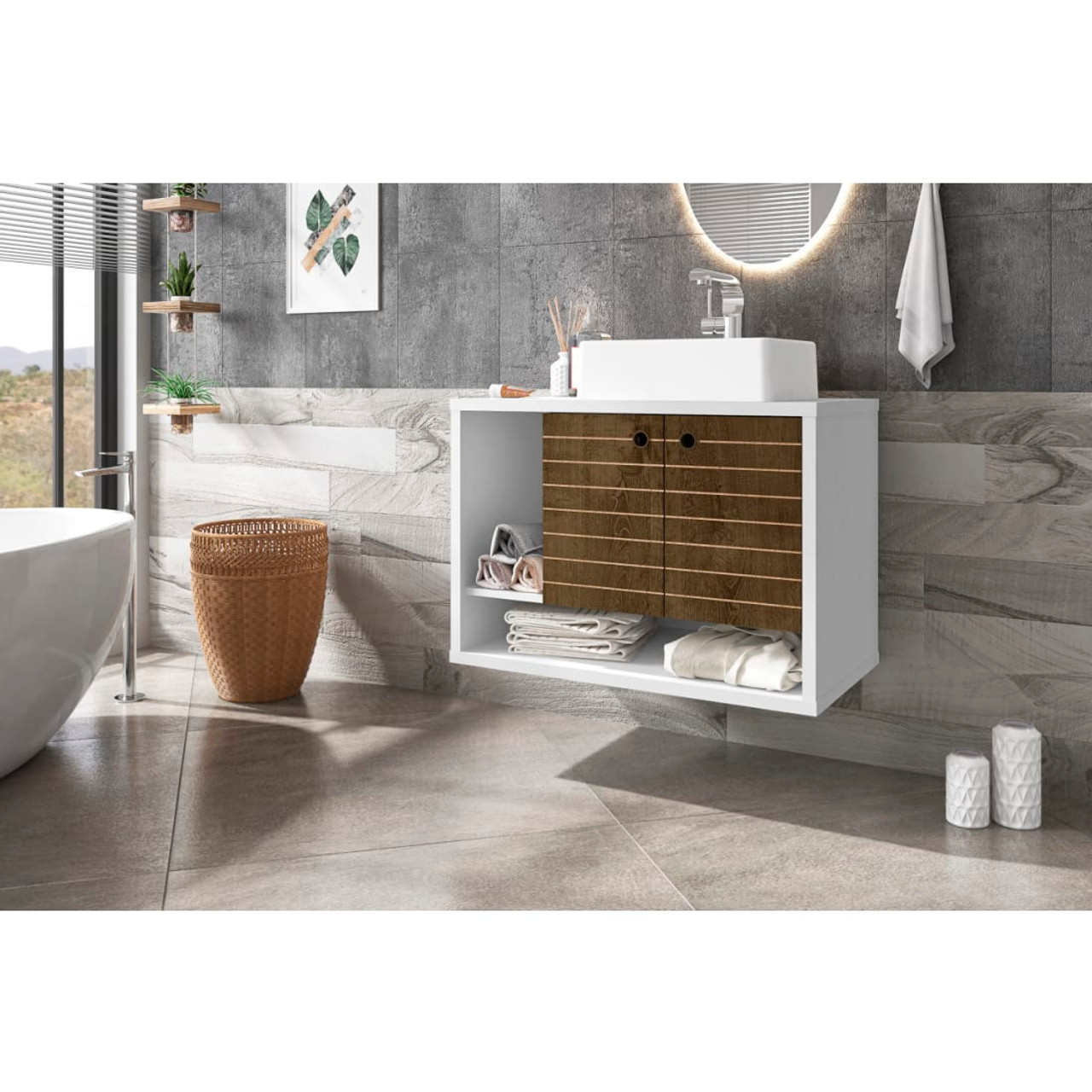 Liberty Floating 31.49” Bathroom Vanity Sink in White and Rustic Brown