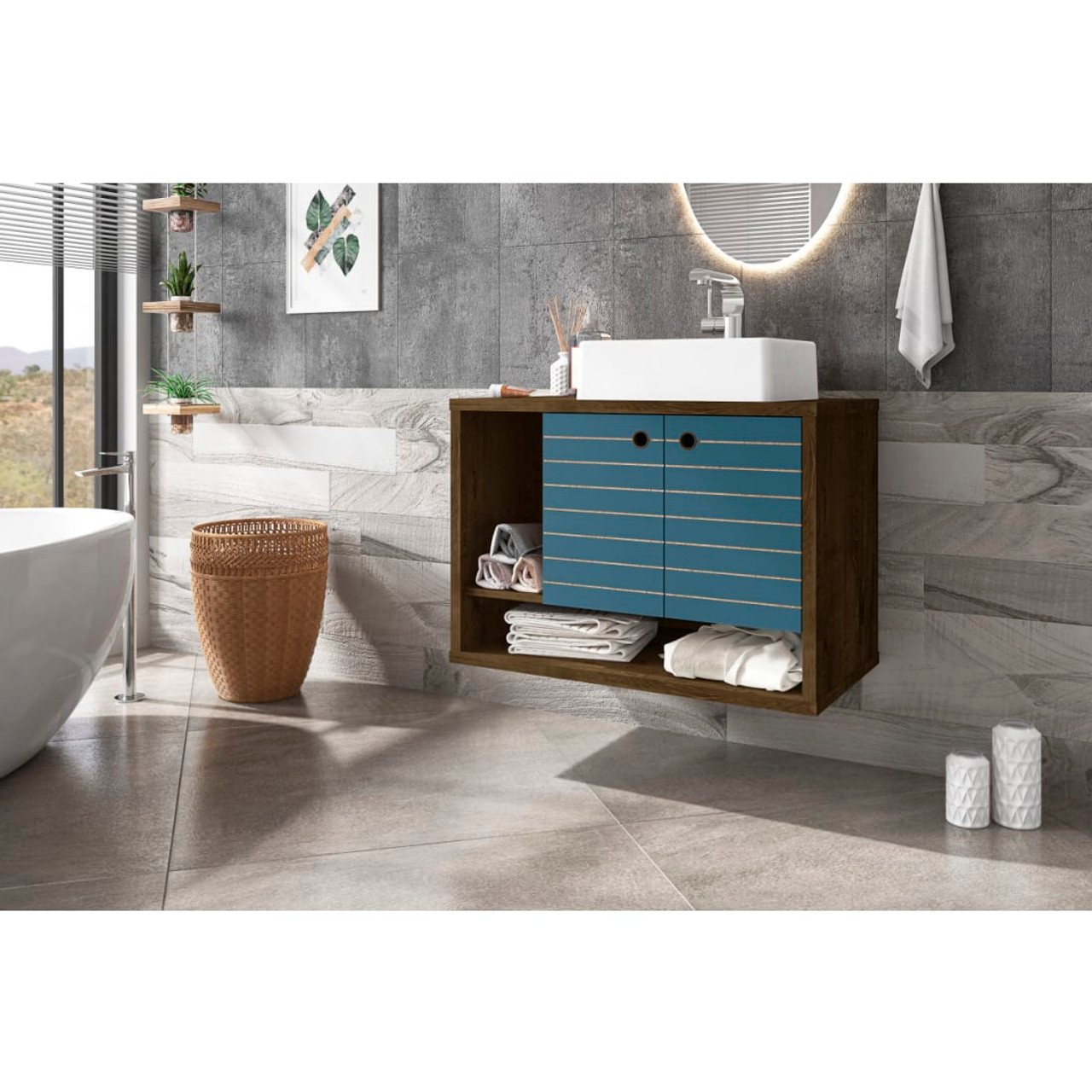 Liberty Floating 31.49” Bathroom Vanity Sink in Rustic Brown and Aqua Blue