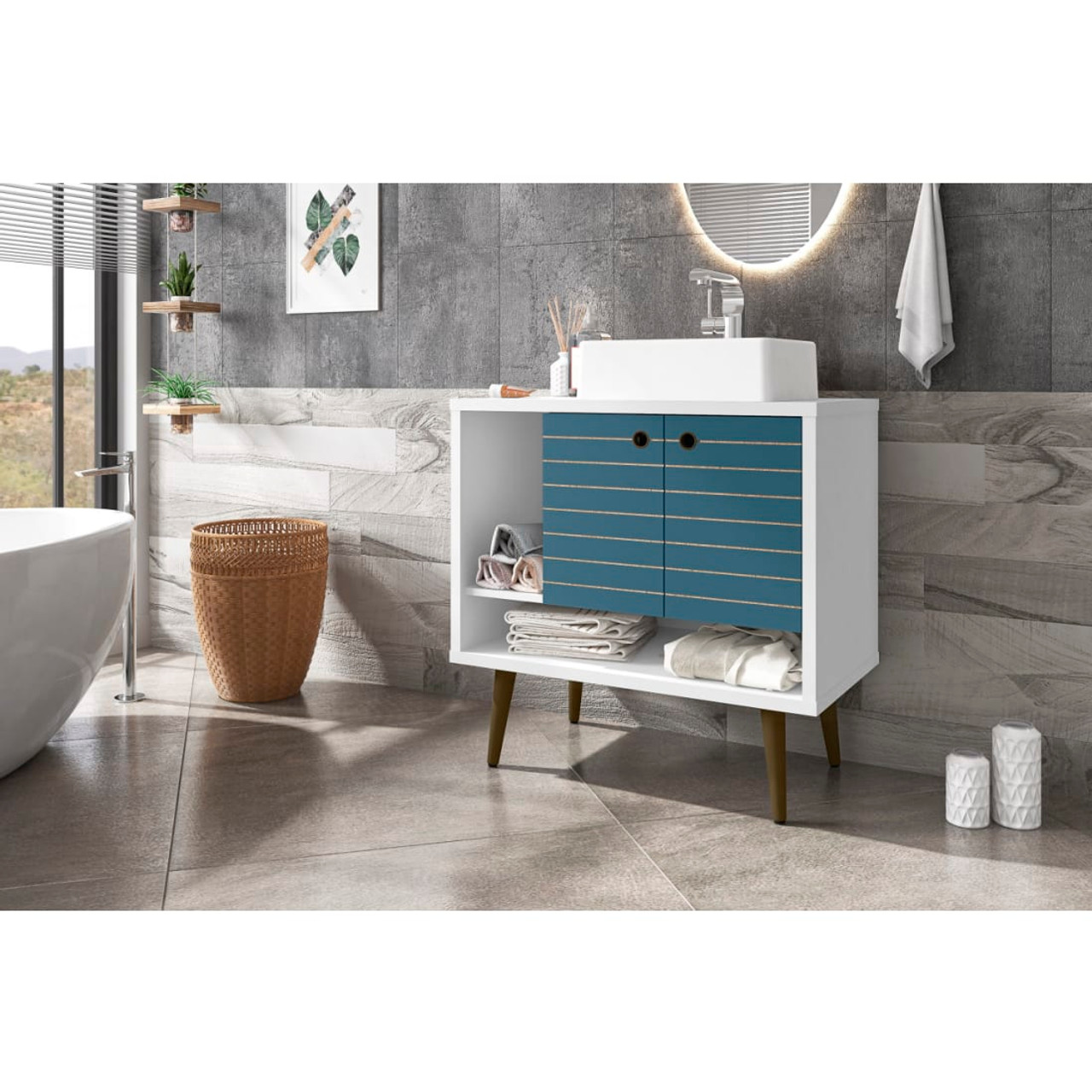 Liberty 31.49” Bathroom Vanity Sink in White and Aqua Blue