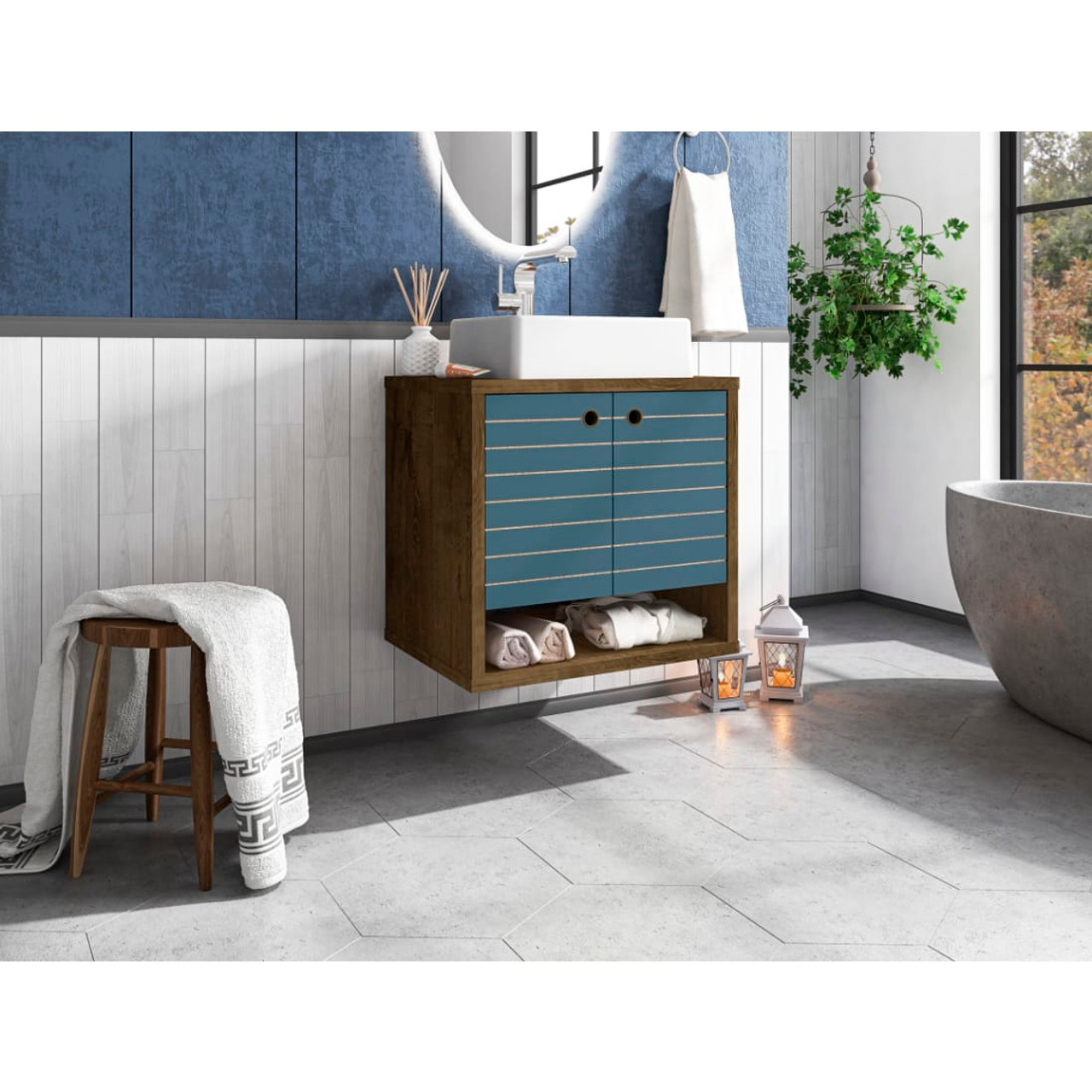 Liberty Floating 23.62” Bathroom Vanity Sink in Rustic Brown and Aqua Blue