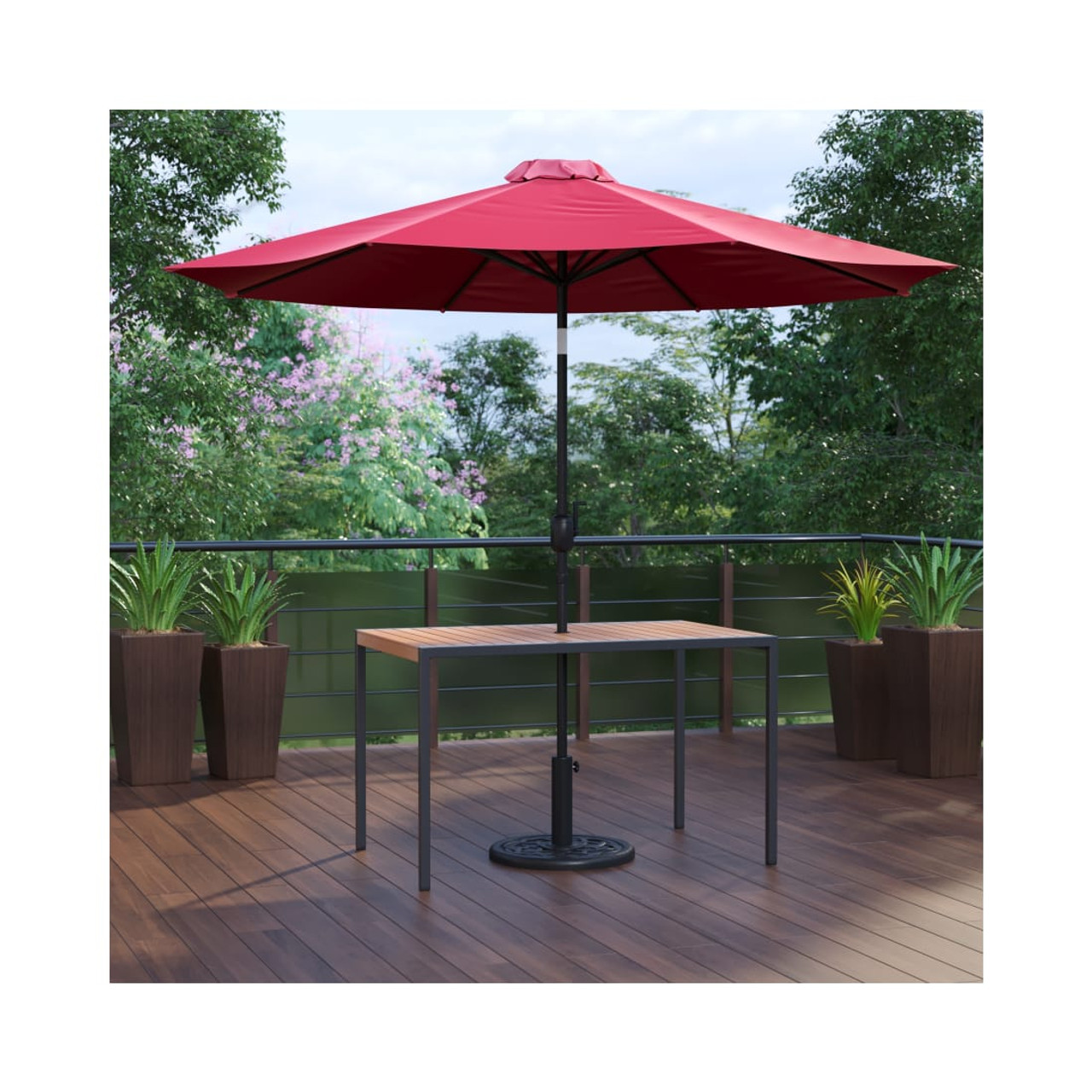 3 Piece Outdoor Patio Table Set 30” x 48” Synthetic Teak Patio Table with Red Umbrella and Base