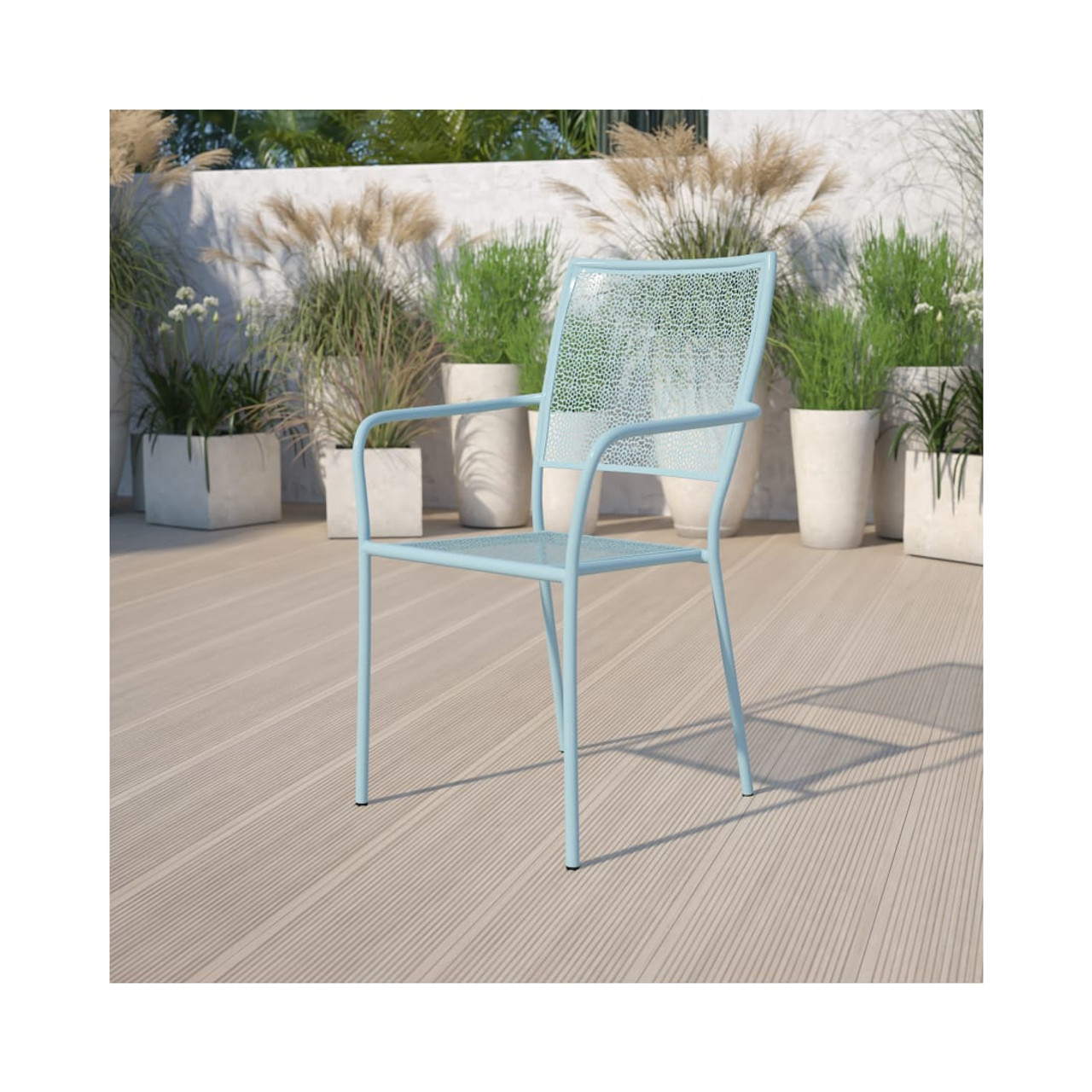 Commercial Grade Sky Blue Indoor Outdoor Steel Patio Arm Chair with Square Back
