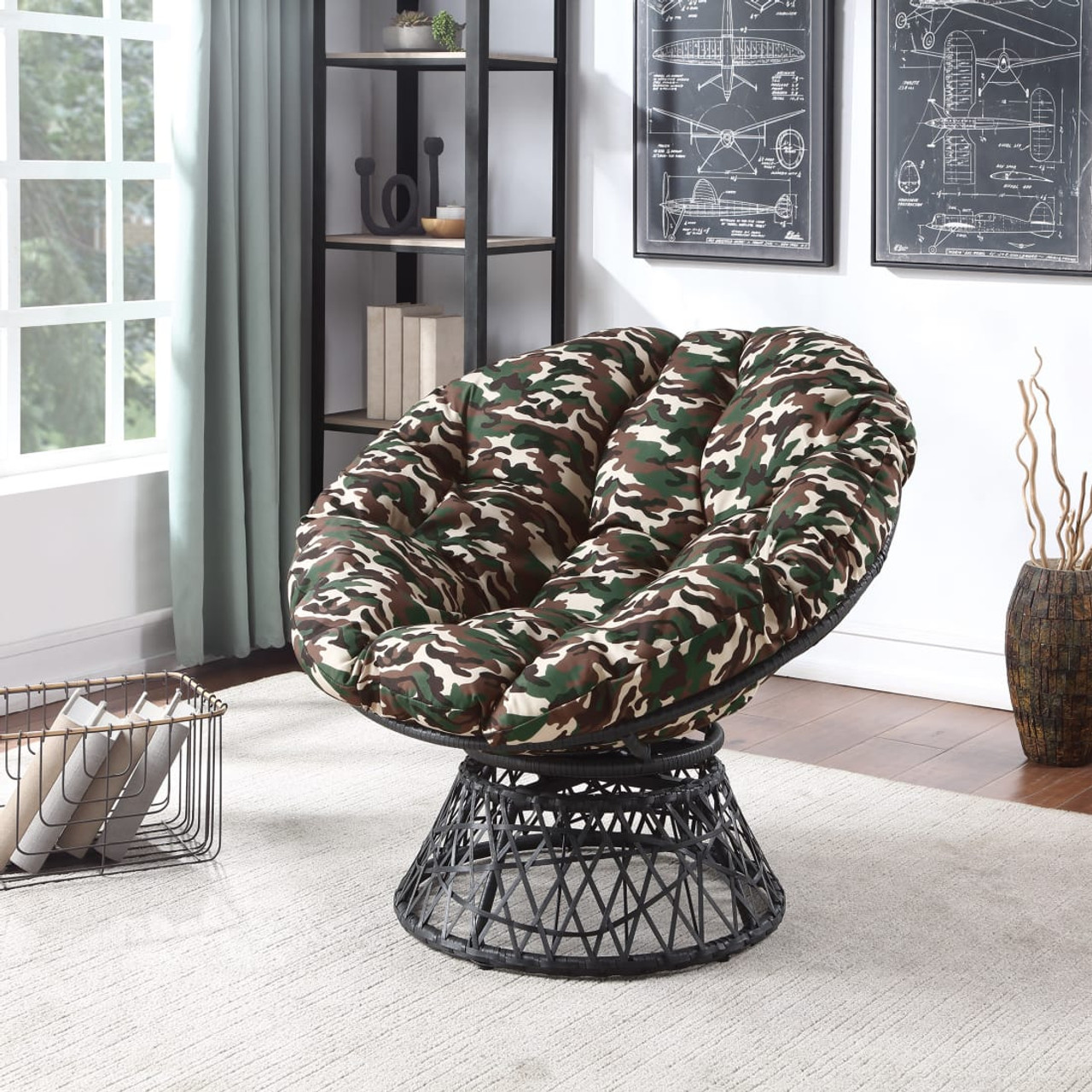 Papasan Chair with Camo Cushion and Dark Gray Wicker Wrapped Frame