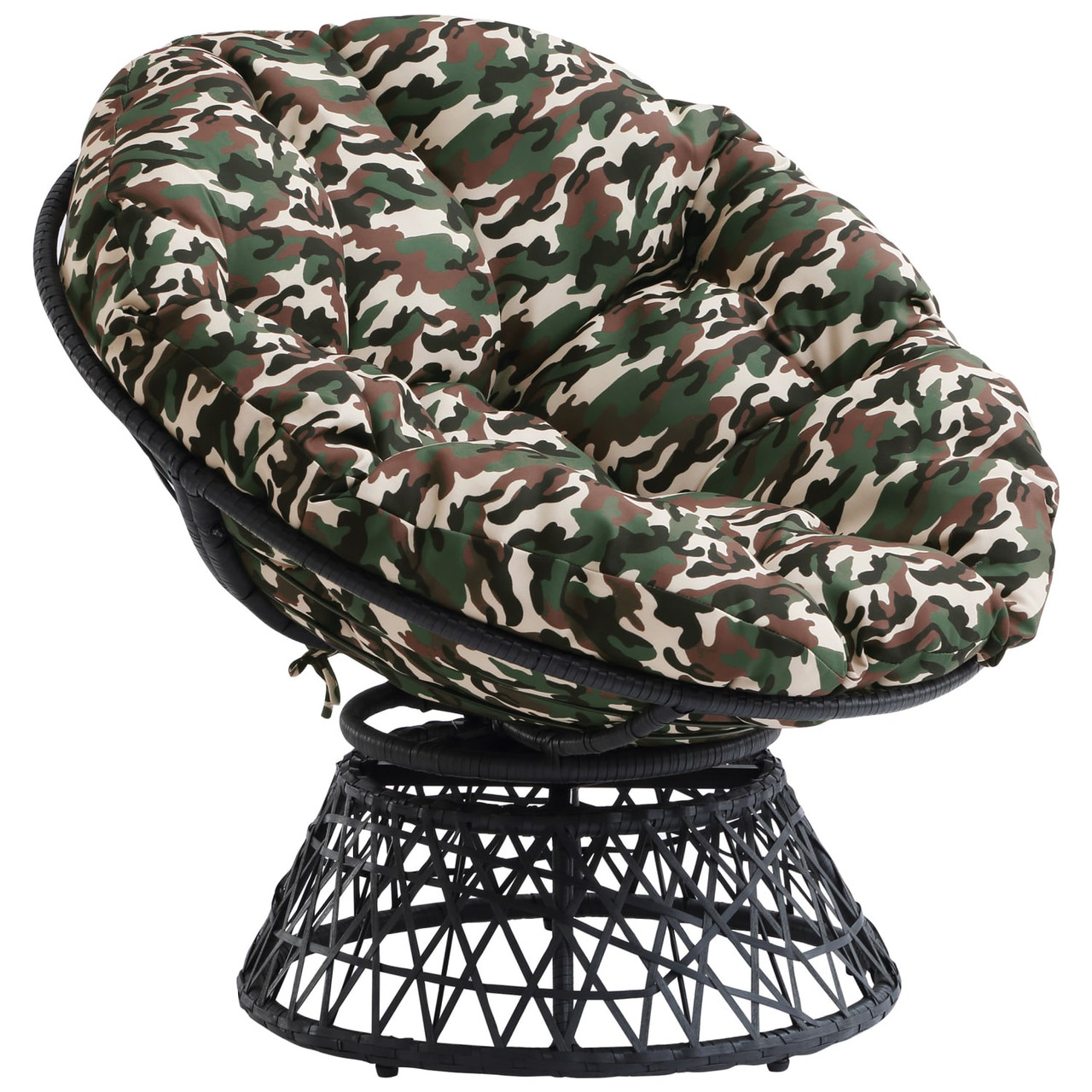 Papasan Chair with Camo Cushion and Dark Gray Wicker Wrapped Frame