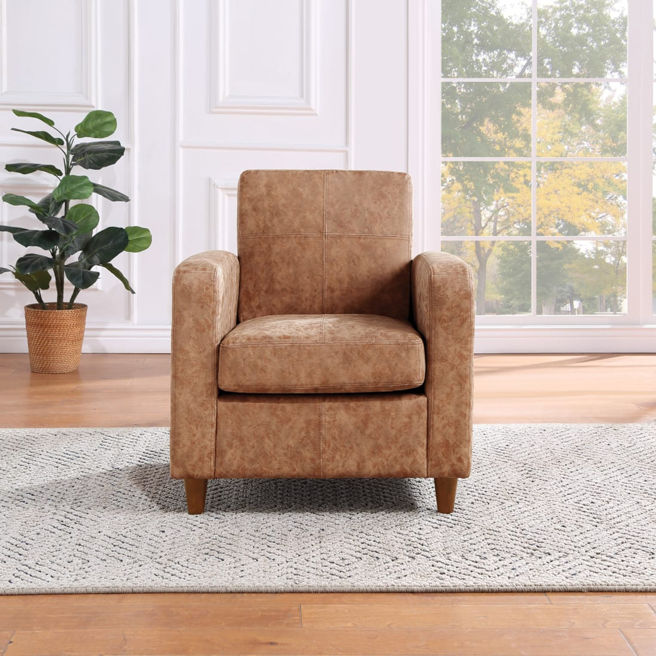 Venus Club Chair in Sand Faux Leather and Medium Espresso Legs