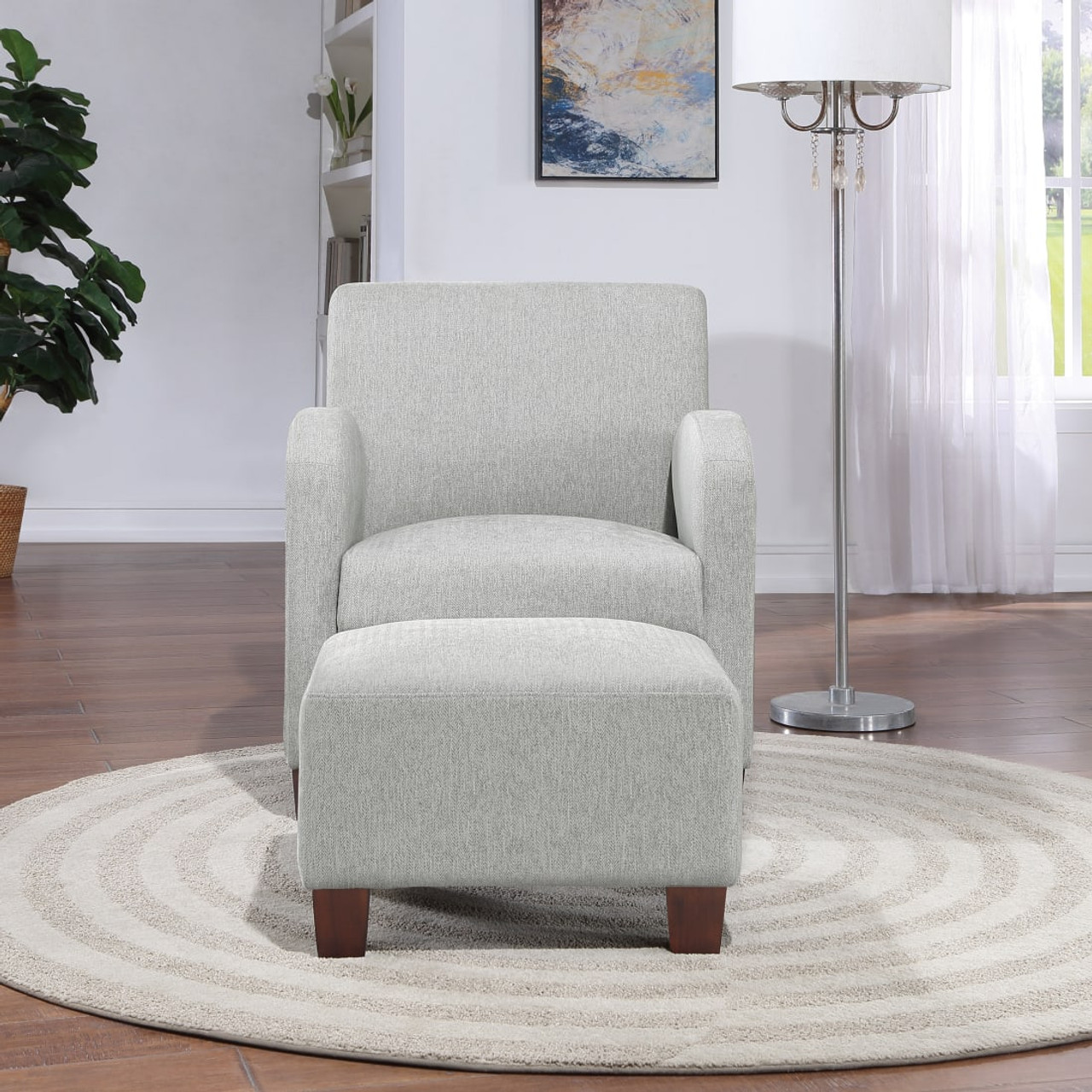 Aiden Chair & Ottoman Herringbone Smoke with Medium Espresso Legs