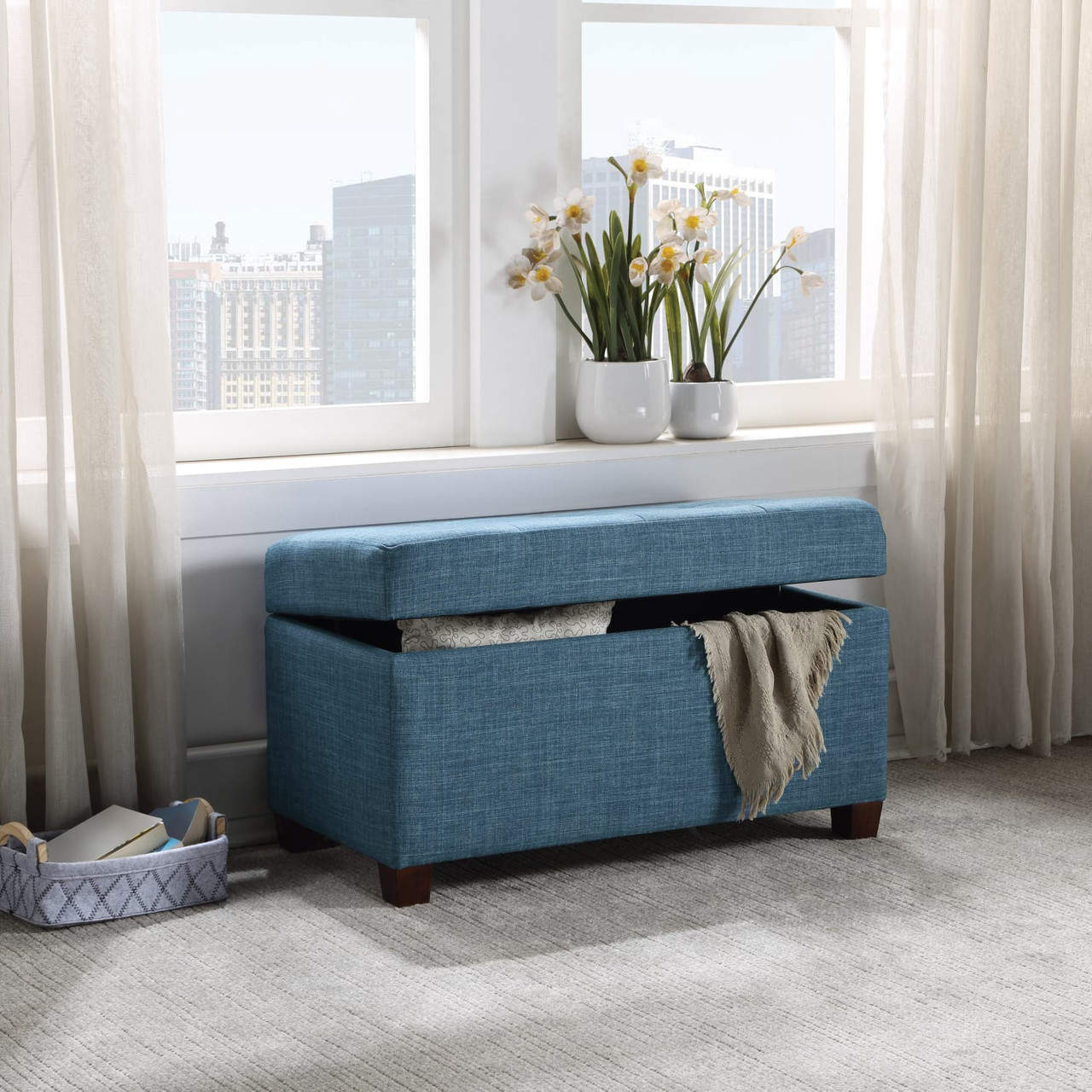 Storage Ottoman in Blue Fabric