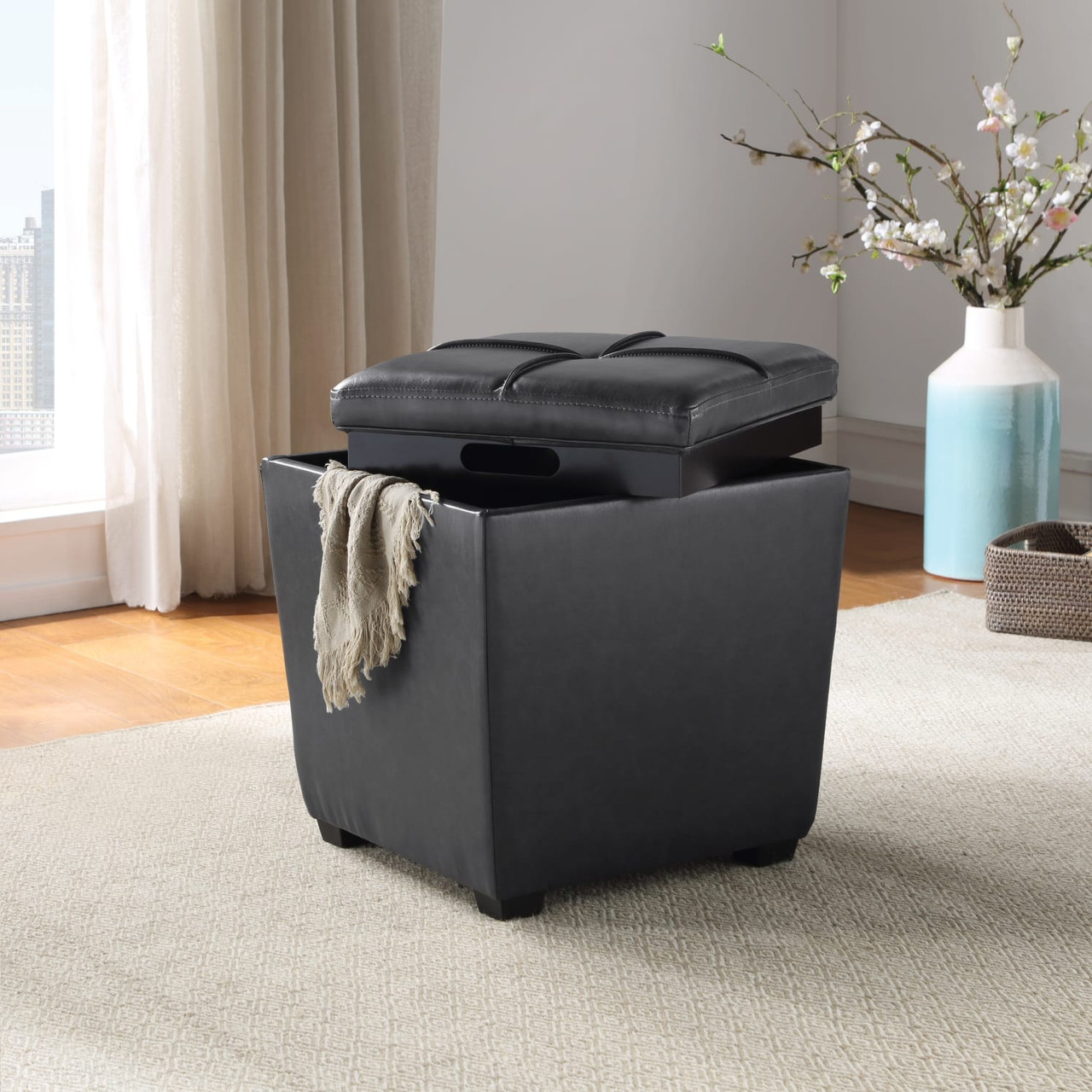 Rockford Storage Ottoman in Pewter Faux Leather