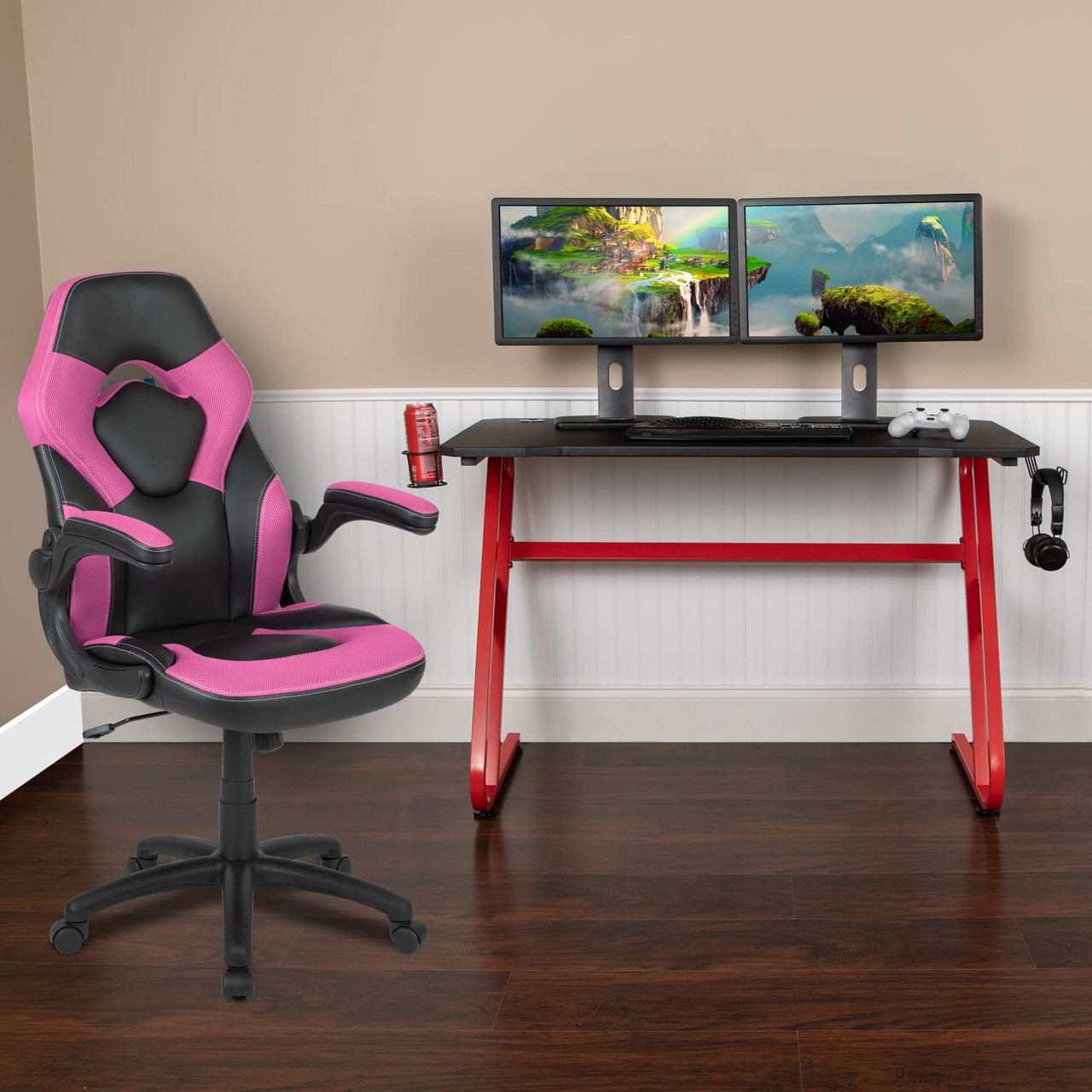 Red Gaming Desk and Pink/Black Racing Chair Set with Cup Holder and Headphone Hook - BLNX10RSG1030PKGG