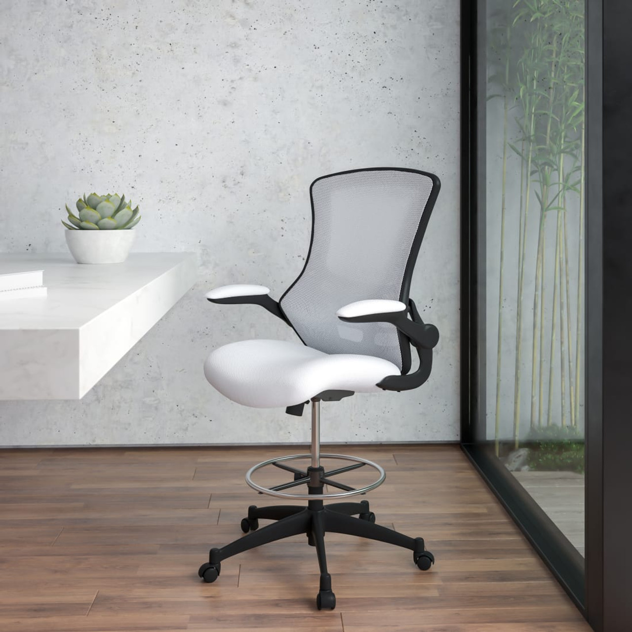 Mid-Back White Mesh Ergonomic Drafting Chair with Adjustable Foot Ring and Flip-Up Arms