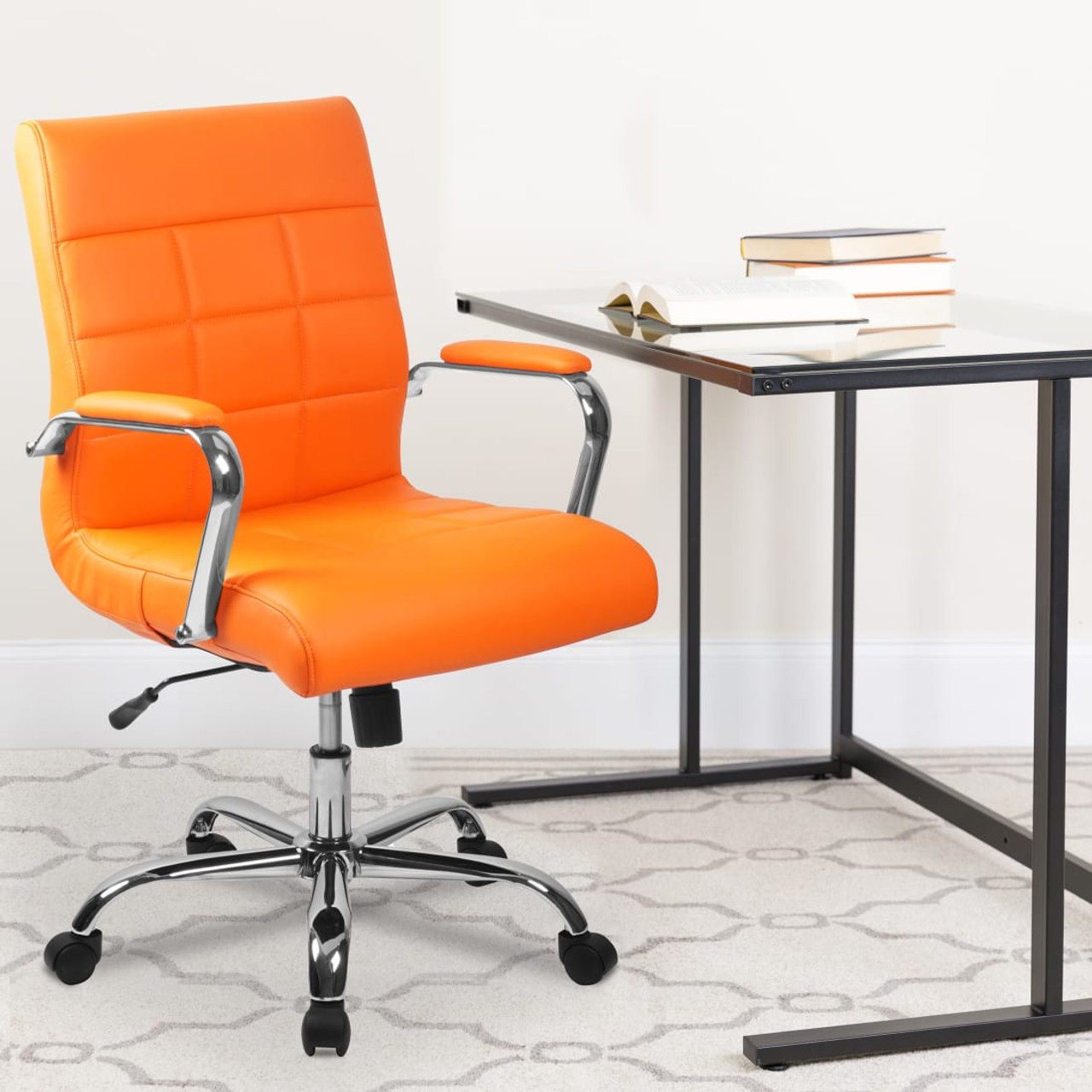 Mid-Back Orange Vinyl Executive Swivel  Chair with Chrome Base and Arms