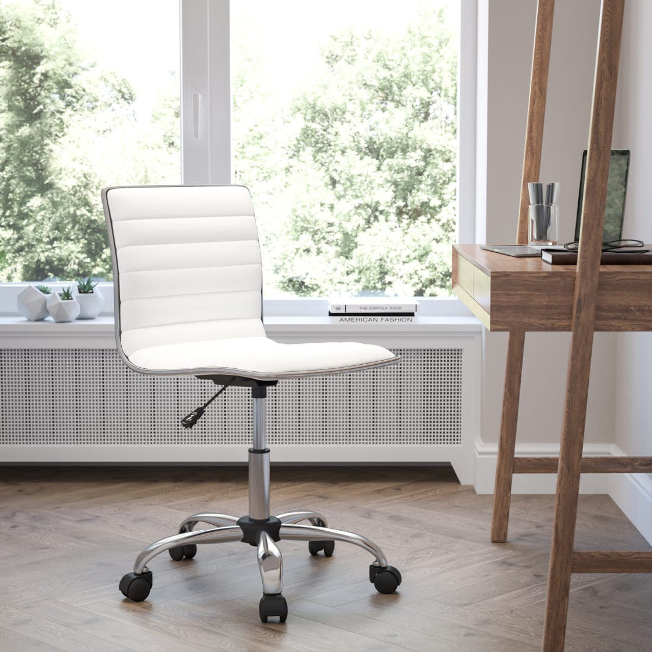 Low Back Designer Armless White Ribbed Swivel Task Office Chair - DS512BWHGG