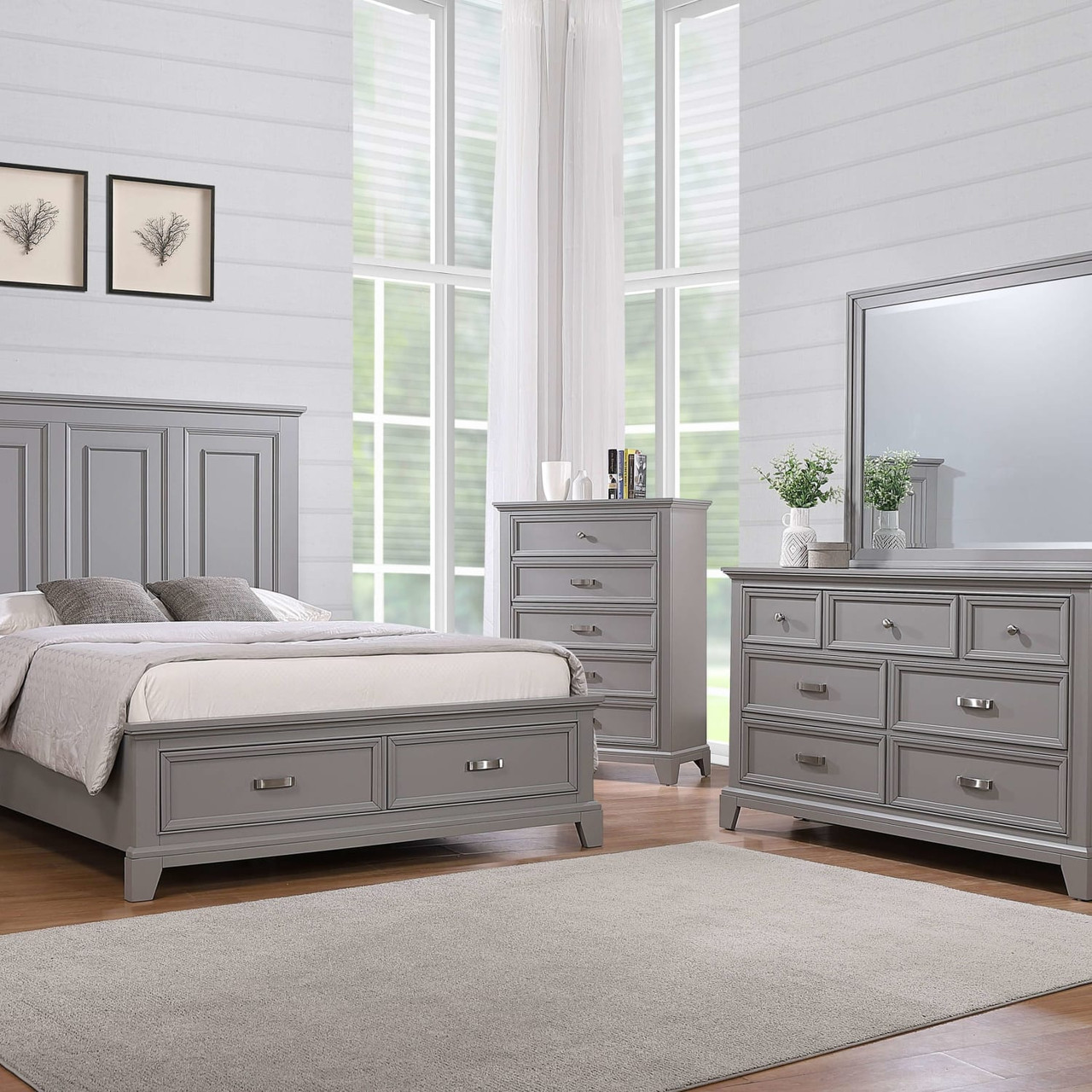 Dove Manor Gray Storage Bedroom 3PC Set - Queen Bed, Dresser, Mirror