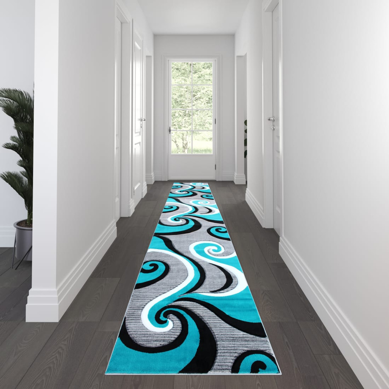 Athos Collection 3' x 16' Turquoise Abstract Area Rug - Olefin Rug with Jute Backing