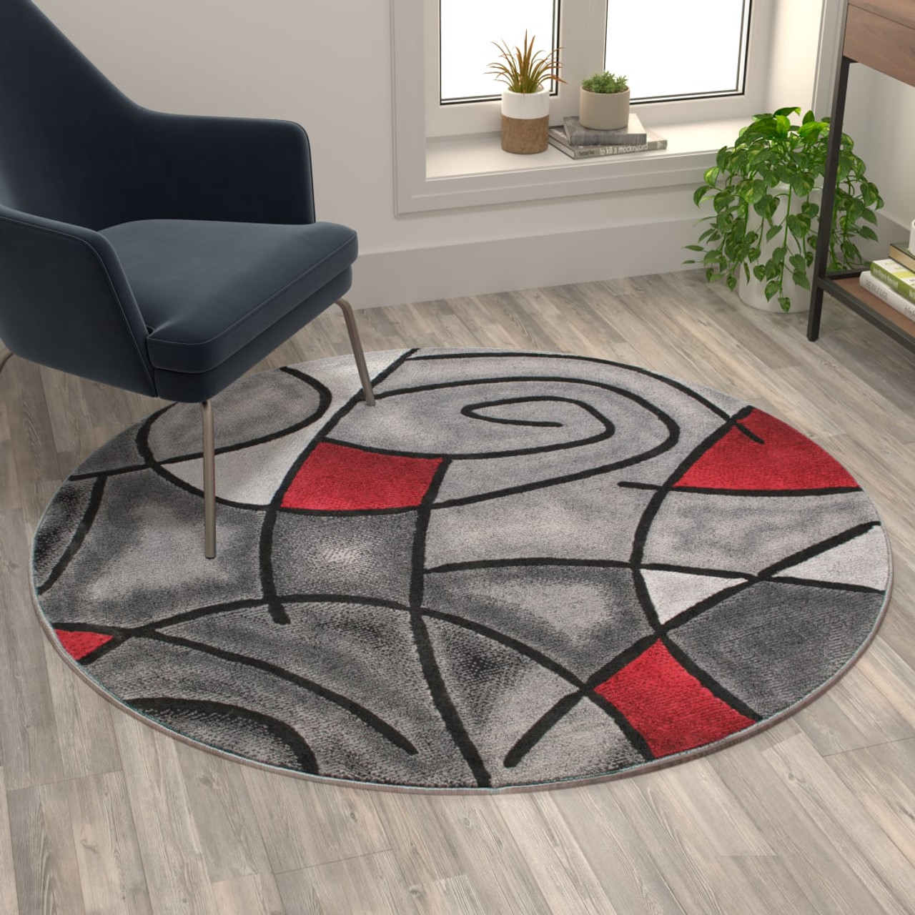 Jubilee Collection 5' x 5' Round Red Abstract Area Rug - Olefin Rug with Jute Backing