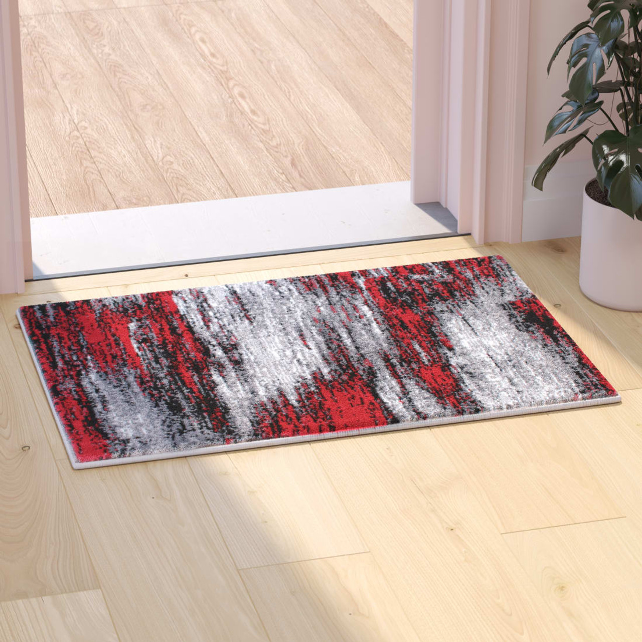 Rylan Collection 2' x 3' Red Abstract Scraped Area Rug - Olefin Rug with Jute Backing