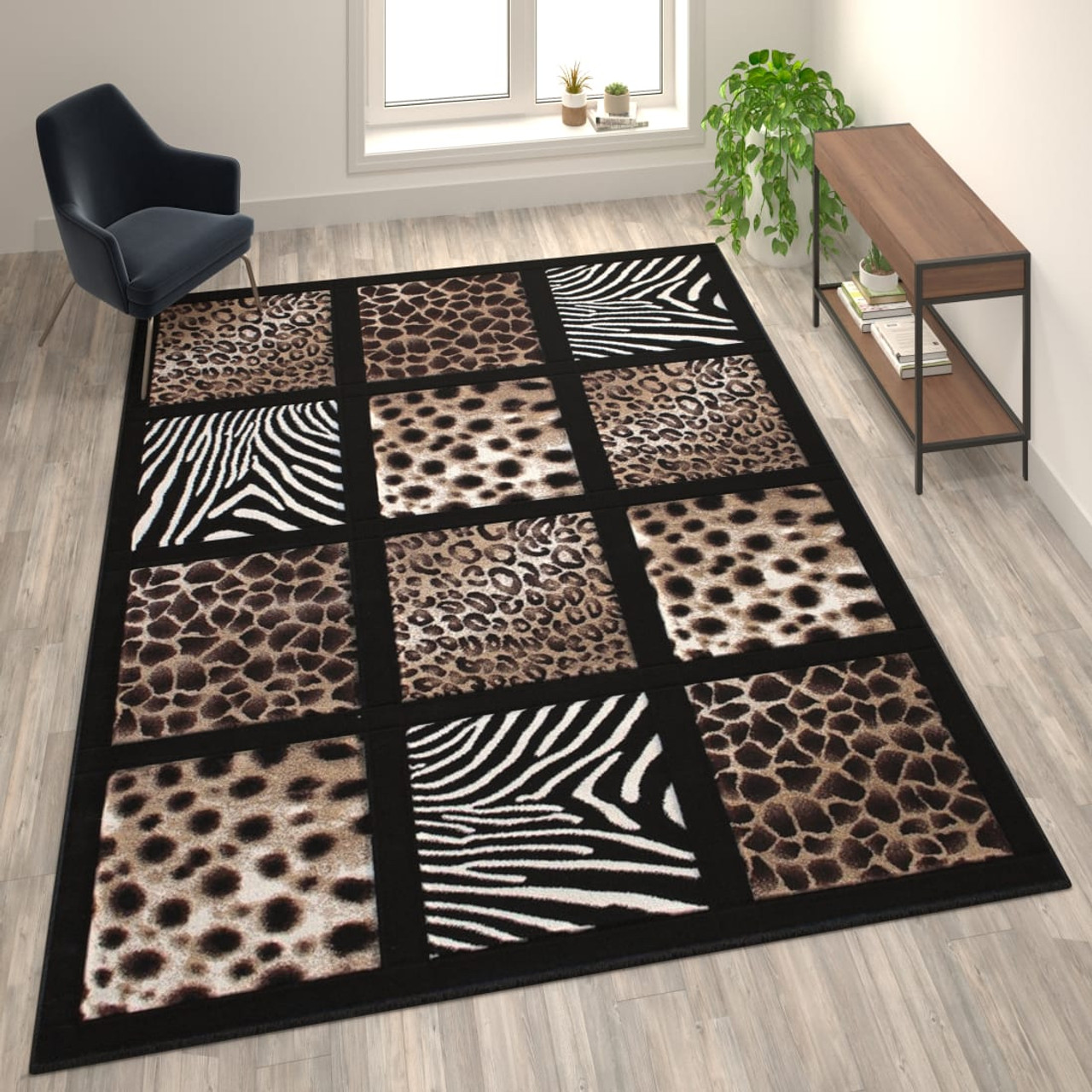 Menagerie Collection 8' x 11' Modern Animal Print Olefin Area Rug - Cheetah, Leopard, Zebra and Giraffe Design Raised Squares