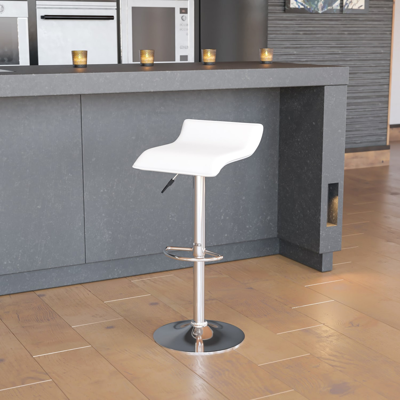 Contemporary White Vinyl Adjustable Height Barstool with Solid Wave Seat and Chrome Base