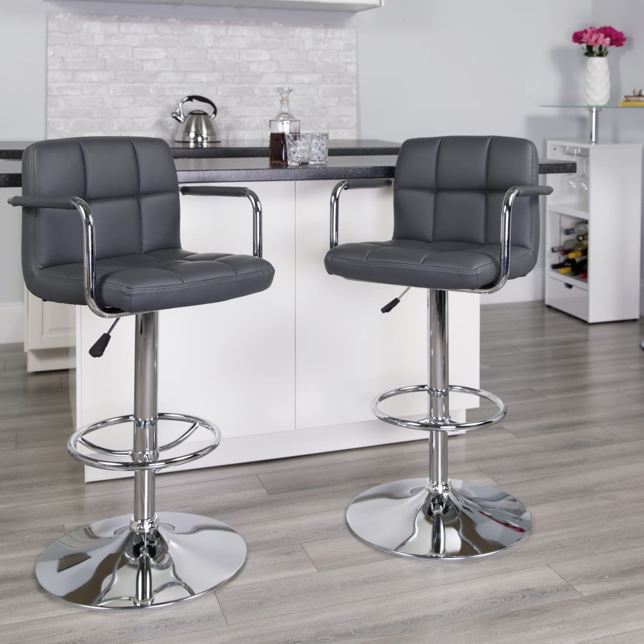 2 Pk. Contemporary Gray Quilted Vinyl Adjustable Height Barstool with Arms and Chrome Base