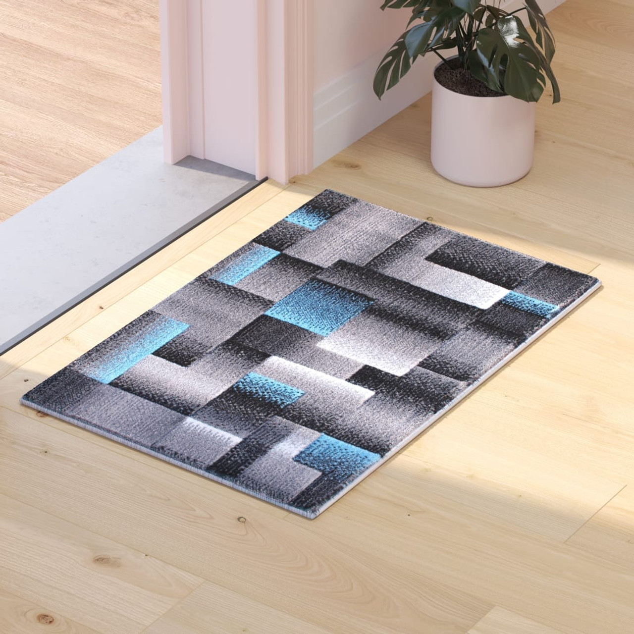 Elio Collection 2' x 3' Blue Color Blocked Area Rug - Olefin Rug with Jute Backing