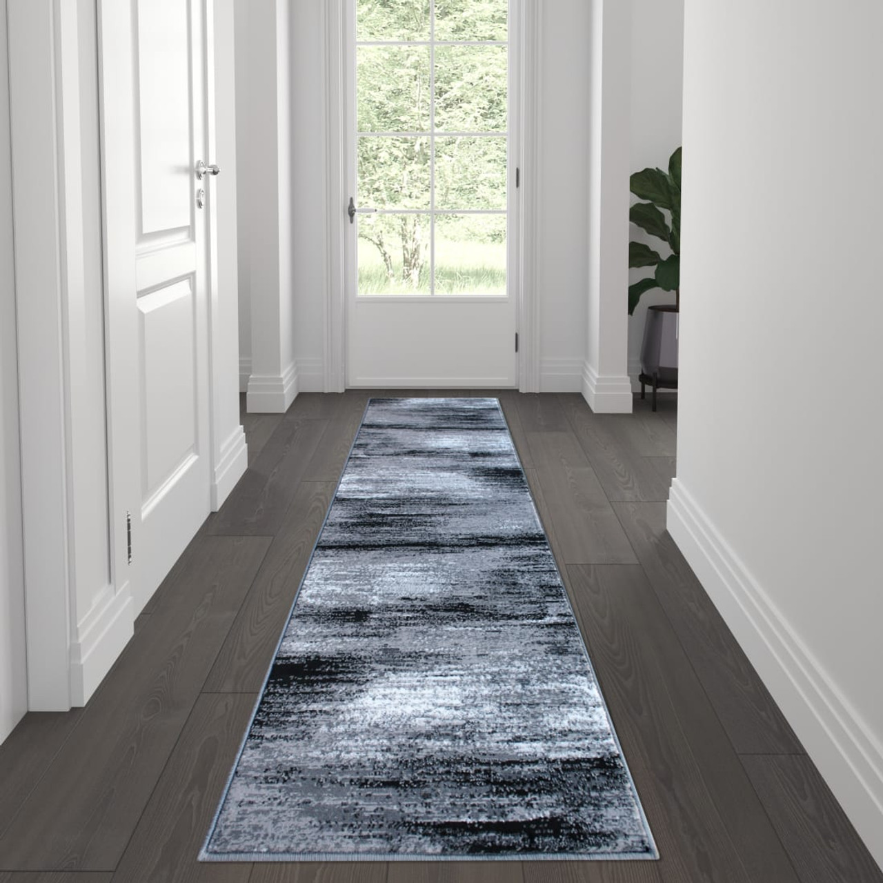 Rylan Collection 2' x 7' Gray Abstract Area Rug - Olefin Rug with Jute Backing