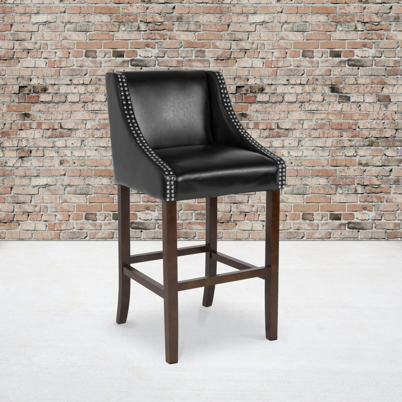 Carmel Series 30” High Transitional Walnut Barstool with Accent Nail Trim in Black LeatherSoft