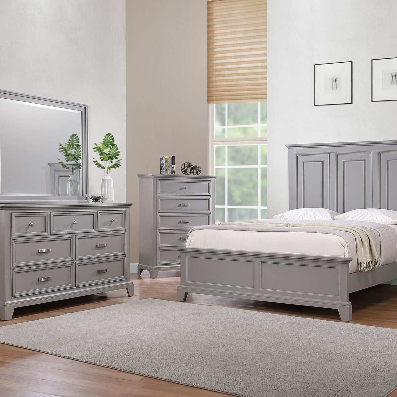 Dove Manor Gray Bedroom 3PC Set - King Bed, Dresser, Mirror