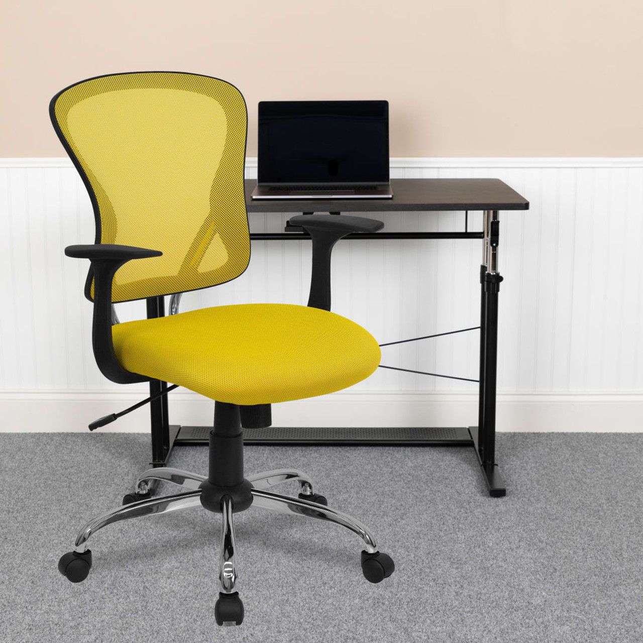 Mid-Back Yellow Mesh Swivel Task  Chair with Chrome Base and Arms